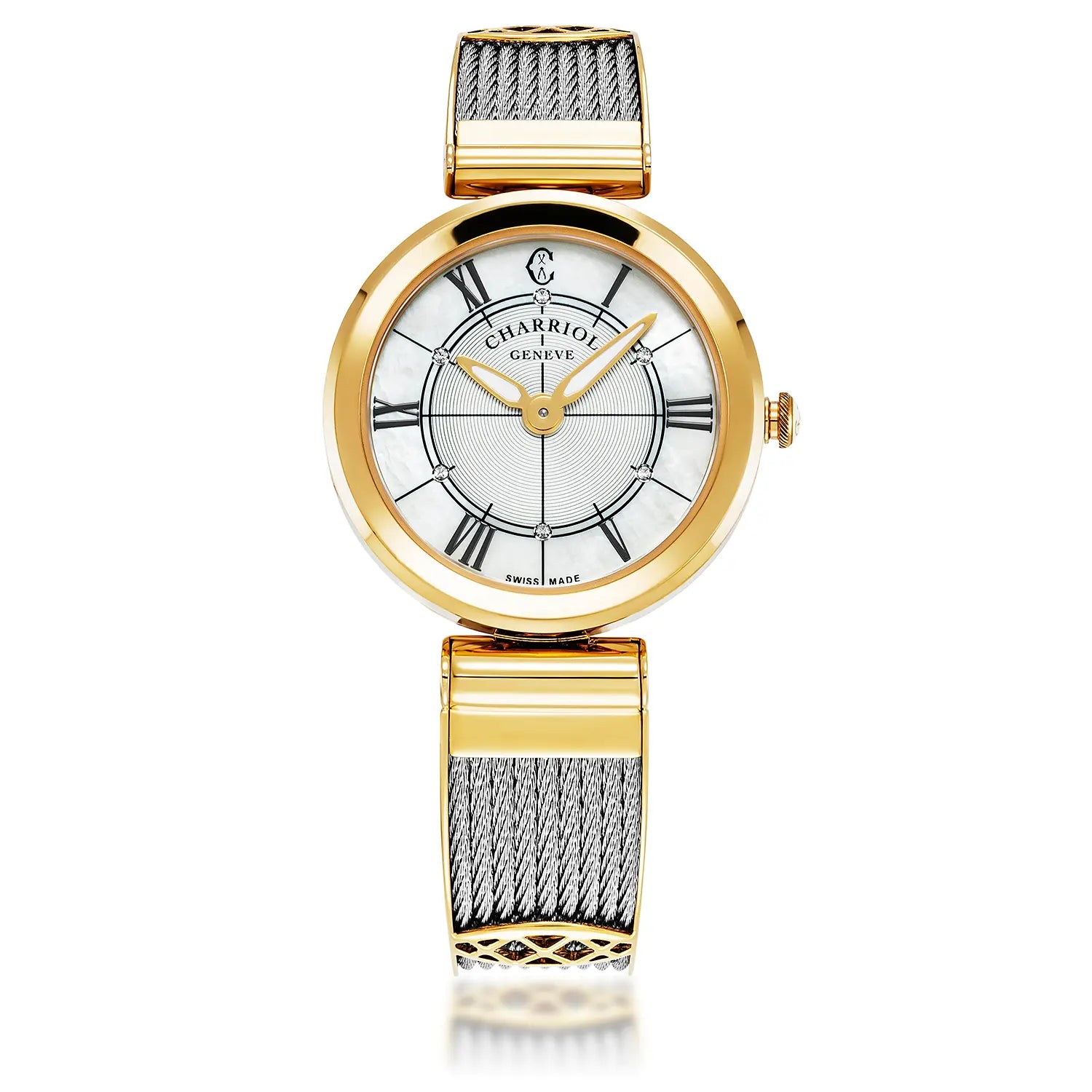 FOREVER, 32MM, QUARTZ-KALIBER, PERLMUTTER-ZEICHER, GELB-GOLD PVD-BEZEL, STAHLKABELARMBAND - Charriol Geneve - Watch