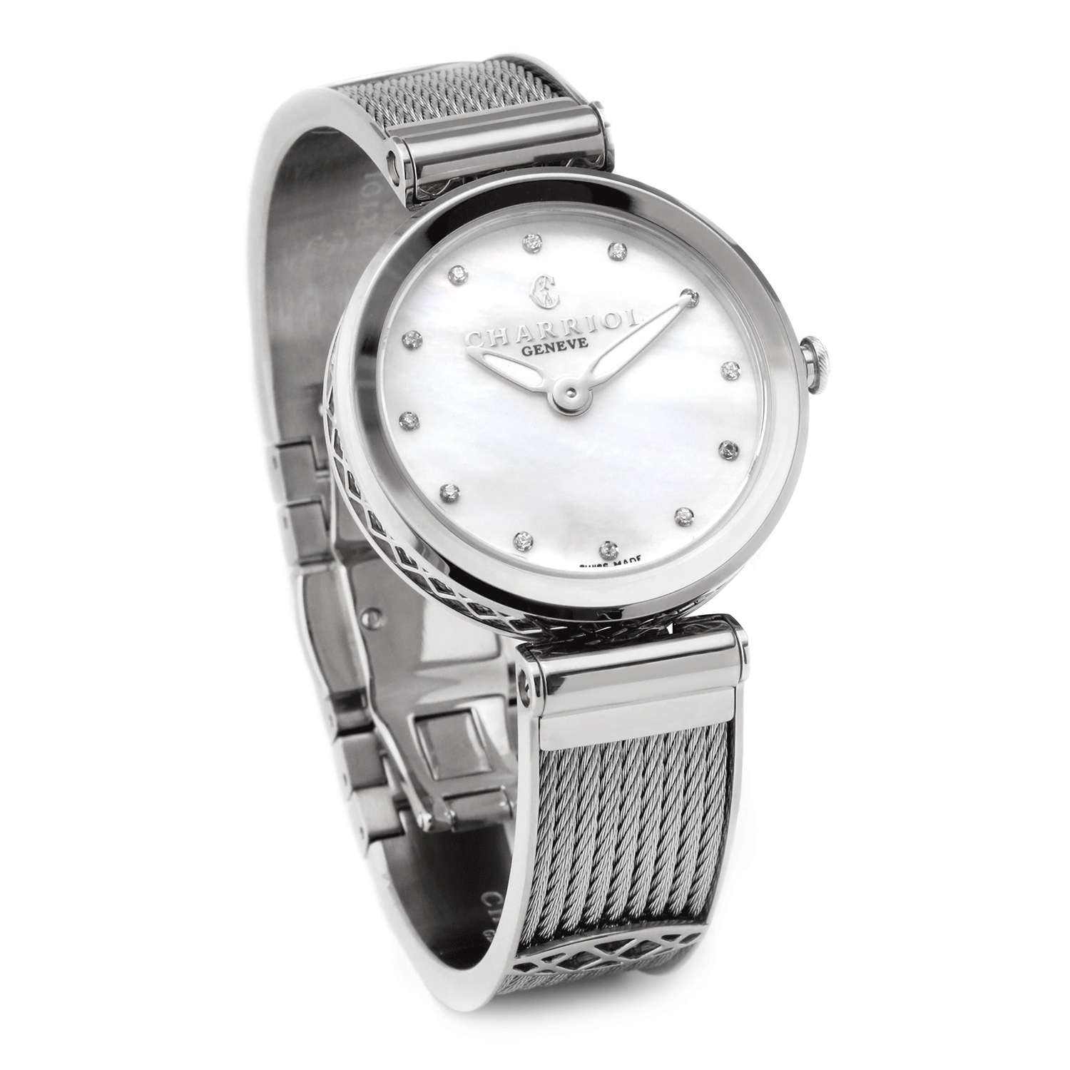 FOREVER, 32MM, QUARZKALIBER, WEISSE PERMUTTER MIT 12 SIMILIS ZIFFERN, STAHLKETTE, STAHLKABELARMBAND - © 2024 Charriol - Uhr