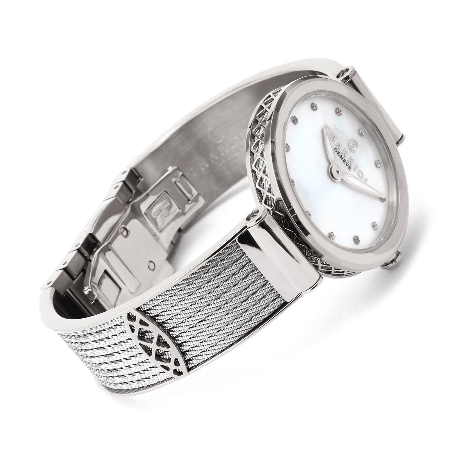 FOREVER, 32MM, QUARZKALIBER, WEISSE PERMUTTER MIT 12 SIMILIS ZIFFERN, STAHLKETTE, STAHLKABELARMBAND - © 2024 Charriol - Uhr