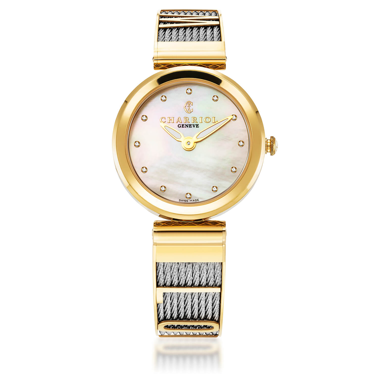 FOREVER YOURS, 32MM, QUARTZKALIBER, PERLMUTTER MIT 12 DIAMANTEN ZIFFERN, GELB GOLD PVD BESEL, STAHLKABELARMBAND - Charriol Geneve - Watch