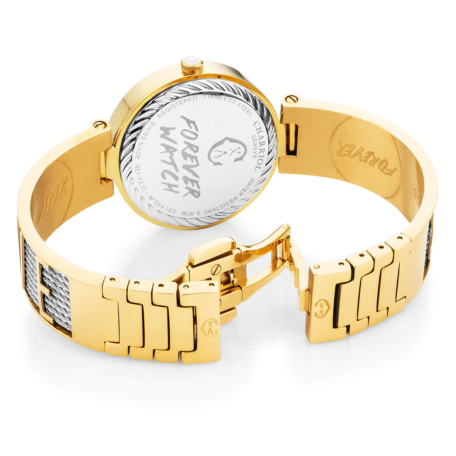 FOREVER YOURS, 32MM, QUARTZKALIBER, PERLMUTTER MIT 12 DIAMANTEN ZIFFERN, GELB GOLD PVD BESEL, STAHLKABELARMBAND - Charriol Geneve - Watch