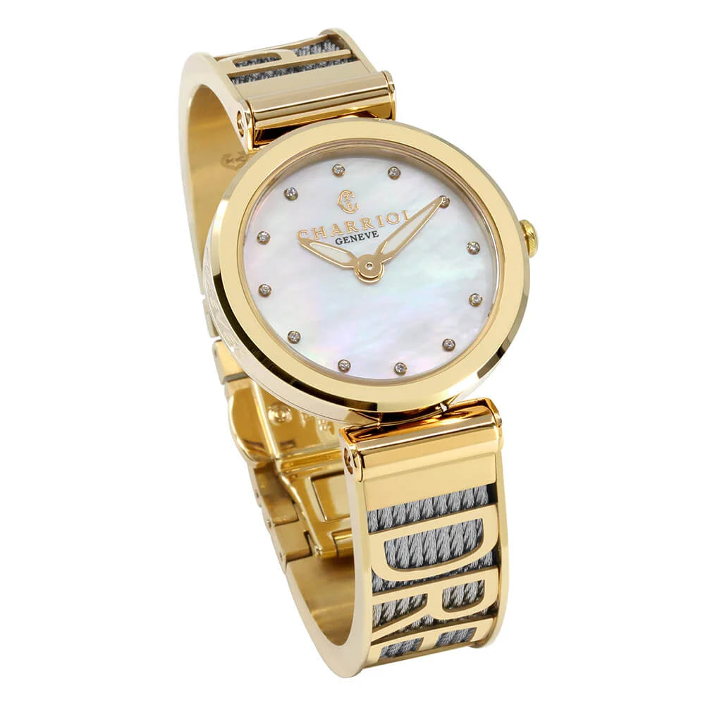 FOREVER YOURS, 32MM, QUARTZKALIBER, PERLMUTTER MIT 12 DIAMANTEN ZIFFERN, GELB GOLD PVD BESEL, STAHLKABELARMBAND - Charriol Geneve - Watch
