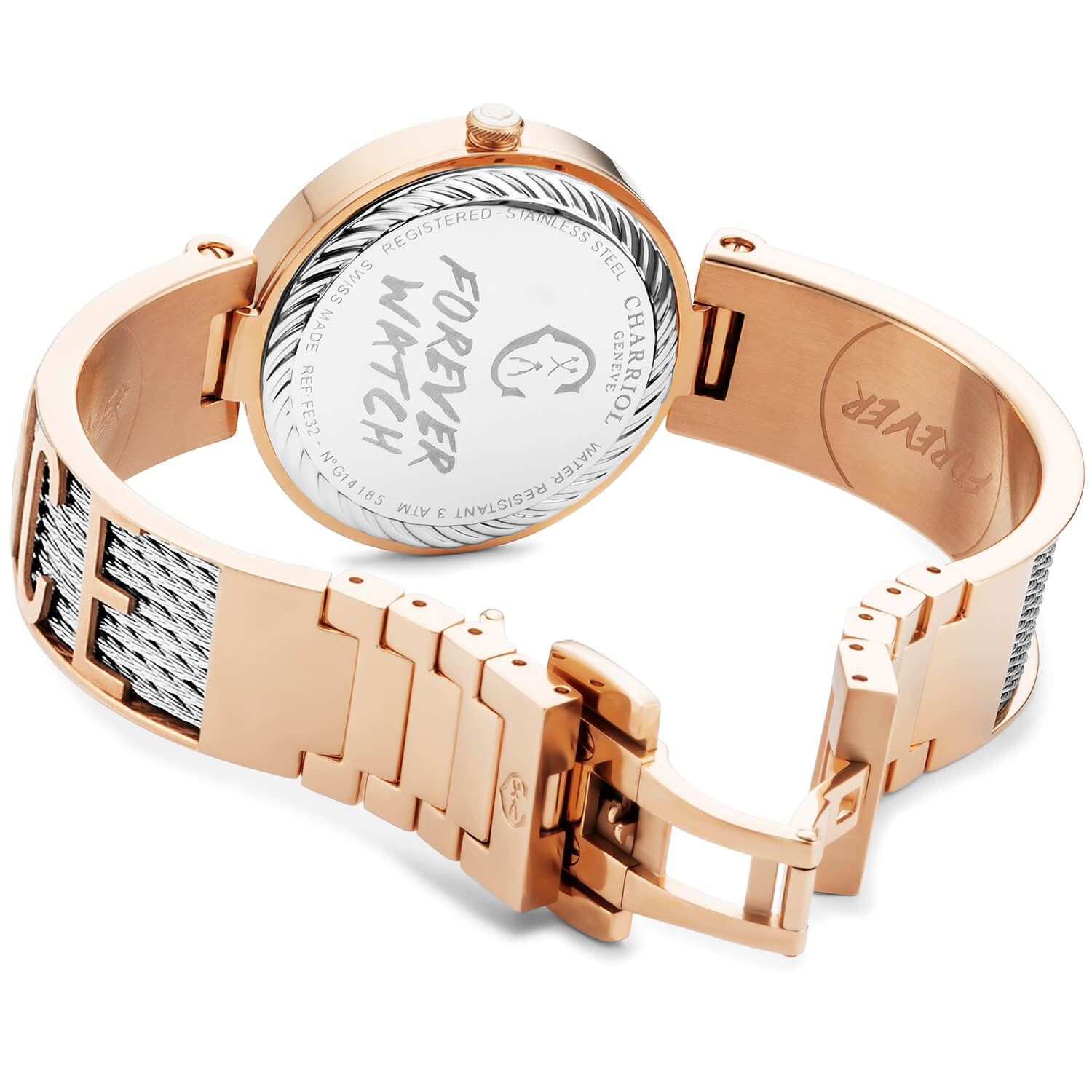 FOREVER YOURS, 32MM, QUARTZKALIBER, PERLMUTTER MIT 12 DIAMANTEN ZIFFERN, ROSENGOLD PVD-BEZEL, STAHLKABELARMBAND - Charriol Geneve - Watch