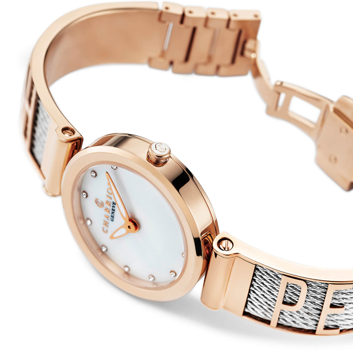 FOREVER YOURS, 32MM, QUARTZKALIBER, PERLMUTTER MIT 12 DIAMANTEN ZIFFERN, ROSENGOLD PVD-BEZEL, STAHLKABELARMBAND - Charriol Geneve - Watch