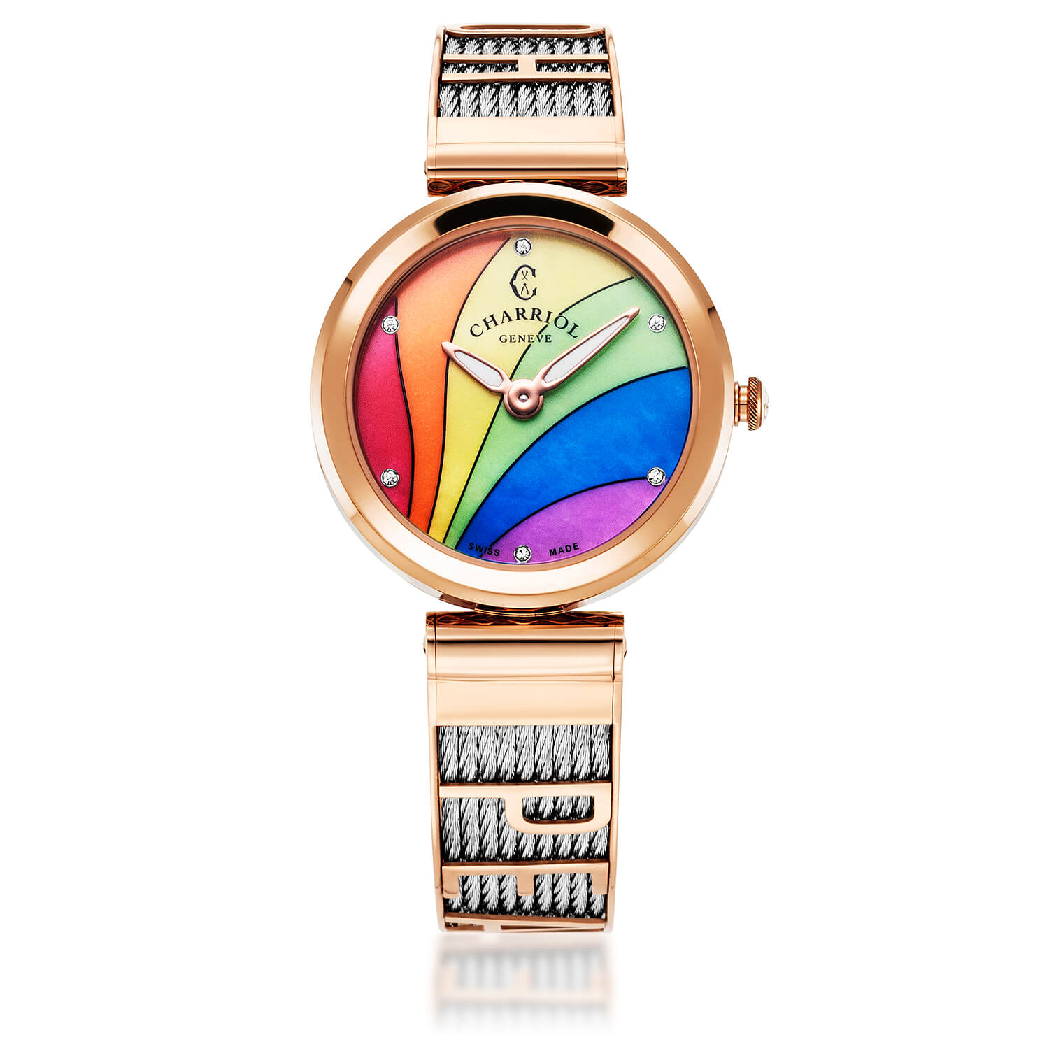 FOREVER IHRE, 32MM, QUARZKALIBER. RAINBOW MIT 6 ZIRCONIAS ZIFFERN, STAHL ROSENGOLD PVD-BEZEL, STAHLKABELARMBAND - Charriol Geneve - Watch