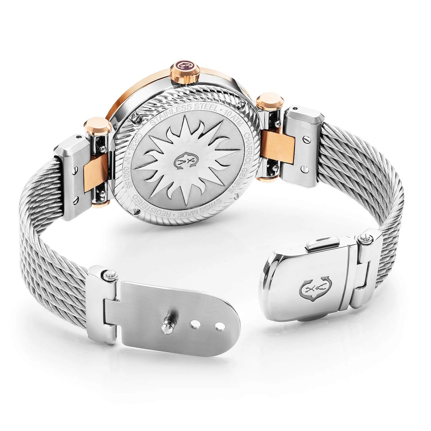 NAVIGATOR CRUISE, 36MM, QUARZKALIBRIER, WEISSE PERLMUTTER MIT 10 DIAMANTEN ZIFFERN, STAHL ROSENGOLD PVDCHARRIOL CHARRIOL" MIT 2 SCHRAUBEN BEGLEITUNG, STAHL AUSTAUSCHBARES KABELARRING MIT ROSENGOLD PVD ANGESCHLOSSEN - © 2024 Charriol - Watch