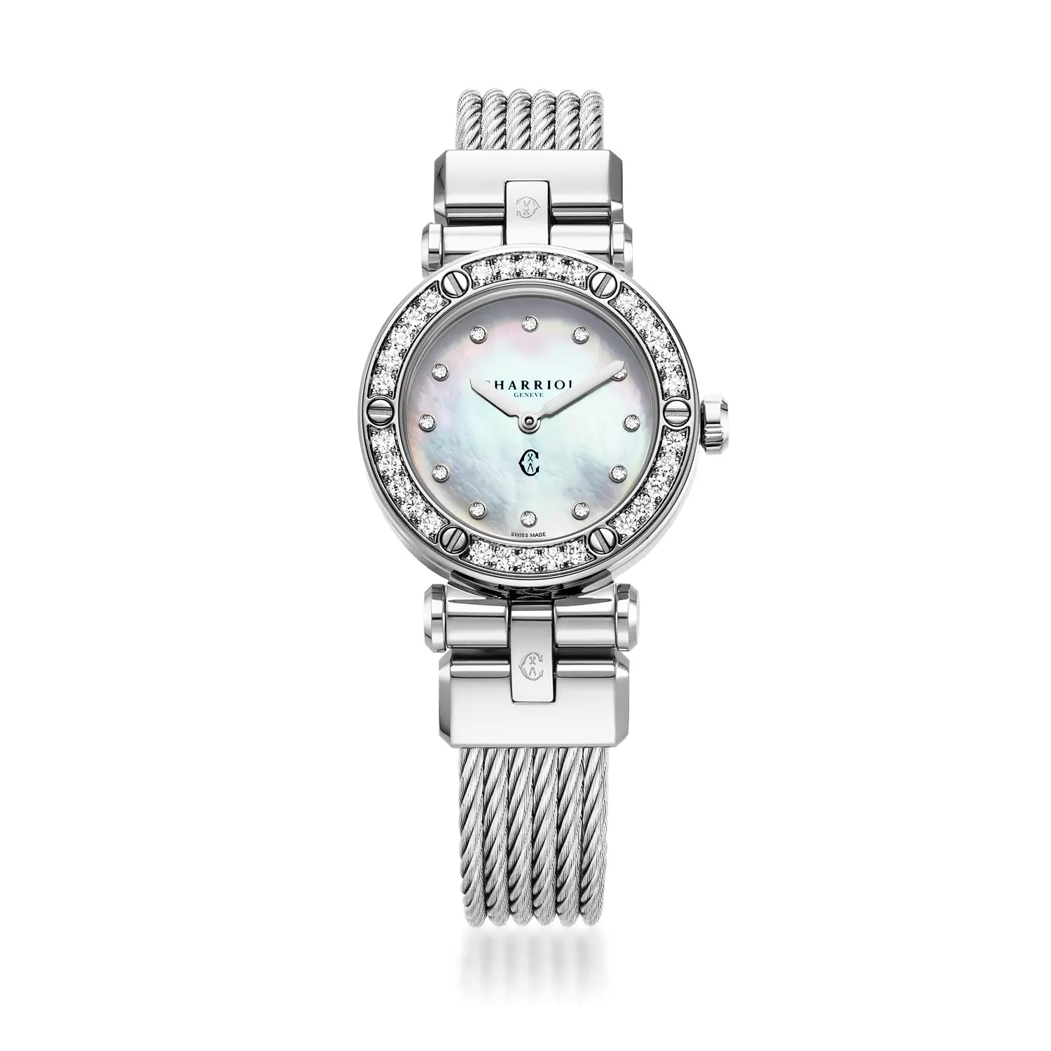 NAVIGATOR CRUISE, 28MM, QUARTZ-KALIBER, PERLMUTTER MIT 12 DIAMANTEN ZIFFERN, 30 DIAMANTEN KESSEL, STAHLKABEL-AUSTAUSCHBARES ARMBAND - Charriol Geneve - Watch