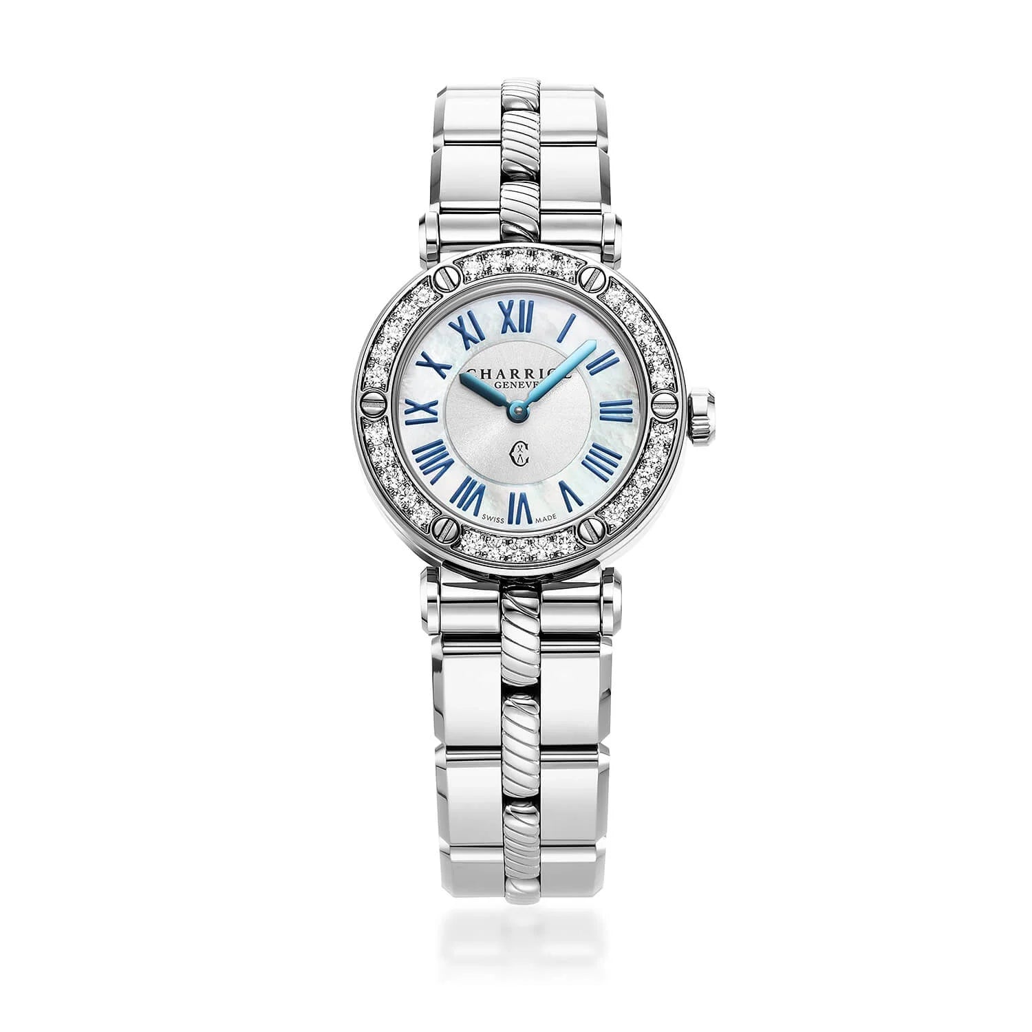 NAVIGATOR CRUISE, 28MM, QUARZKALIBER, WEISSE PERMUTTER MIT 12 RÖMISCHEN ZAHLEN, STAHL MIT 30 DIAMONEN UND 6 SCHRAUBEN BESETZT, METALL-AUSTAUSCHBARES ARMBAND - © 2024 Charriol - Watch