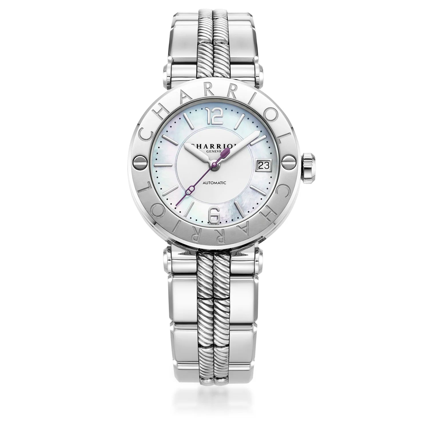 St Tropez Cruise 36mm Automatikuhr Hellgrau Armband, Hellgrau & 2 Schrauben Lünette und Weiß MOP Zifferblatt - Charriol Geneve - Watch