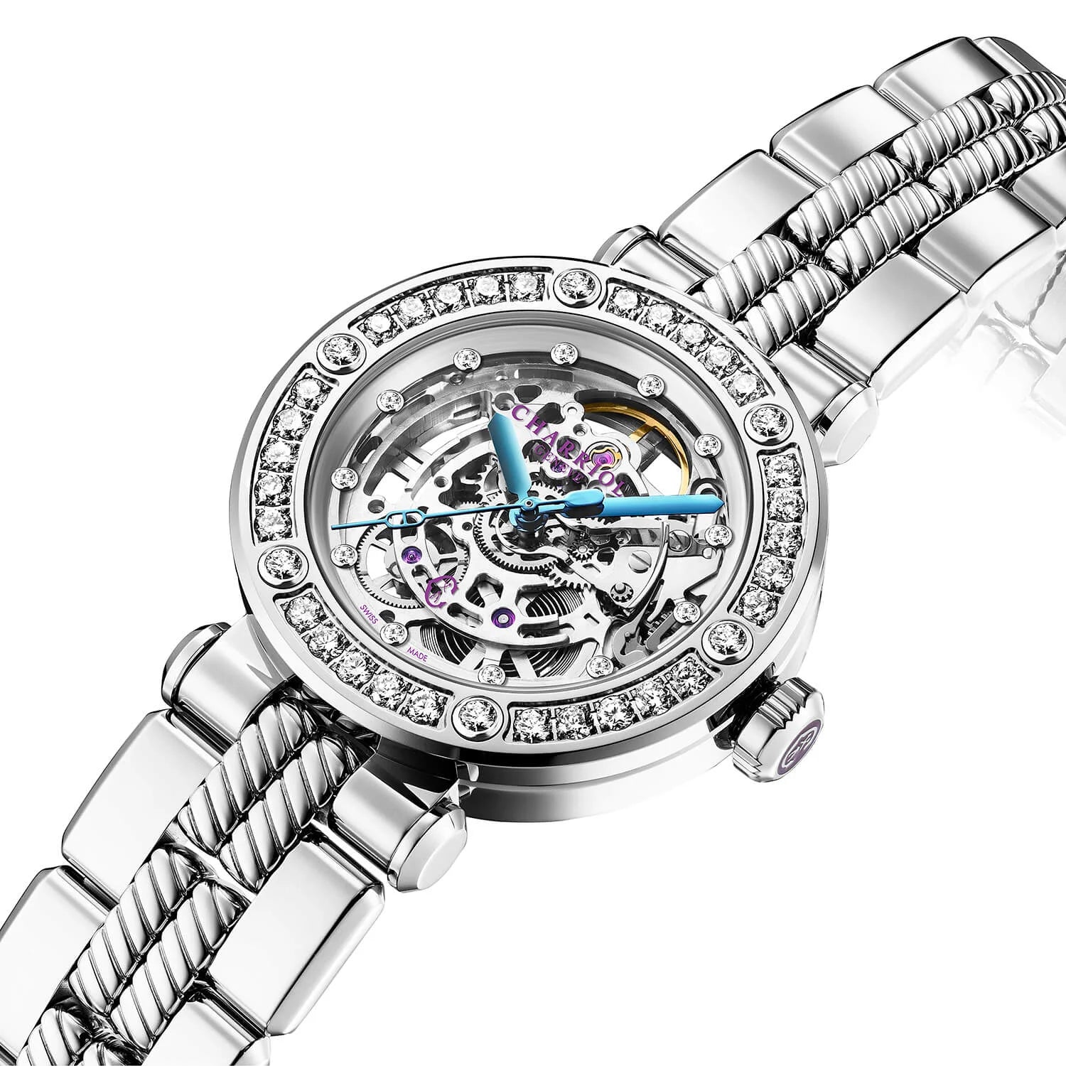 NAVIGATOR CRUISE, 36MM, CHARRIOL SKELETON AUTOMATIK KALIBER, KRISTALL MIT 12 DIAMANTEN INDEX INNEREN RING ZIFFERN, STAHL MIT 30 FULLCUTS DIAMANTEN & 6 DIAMANTEN, METALL AUSTAUSCHBARES ARMBAND - © 2024 Charriol - Watch