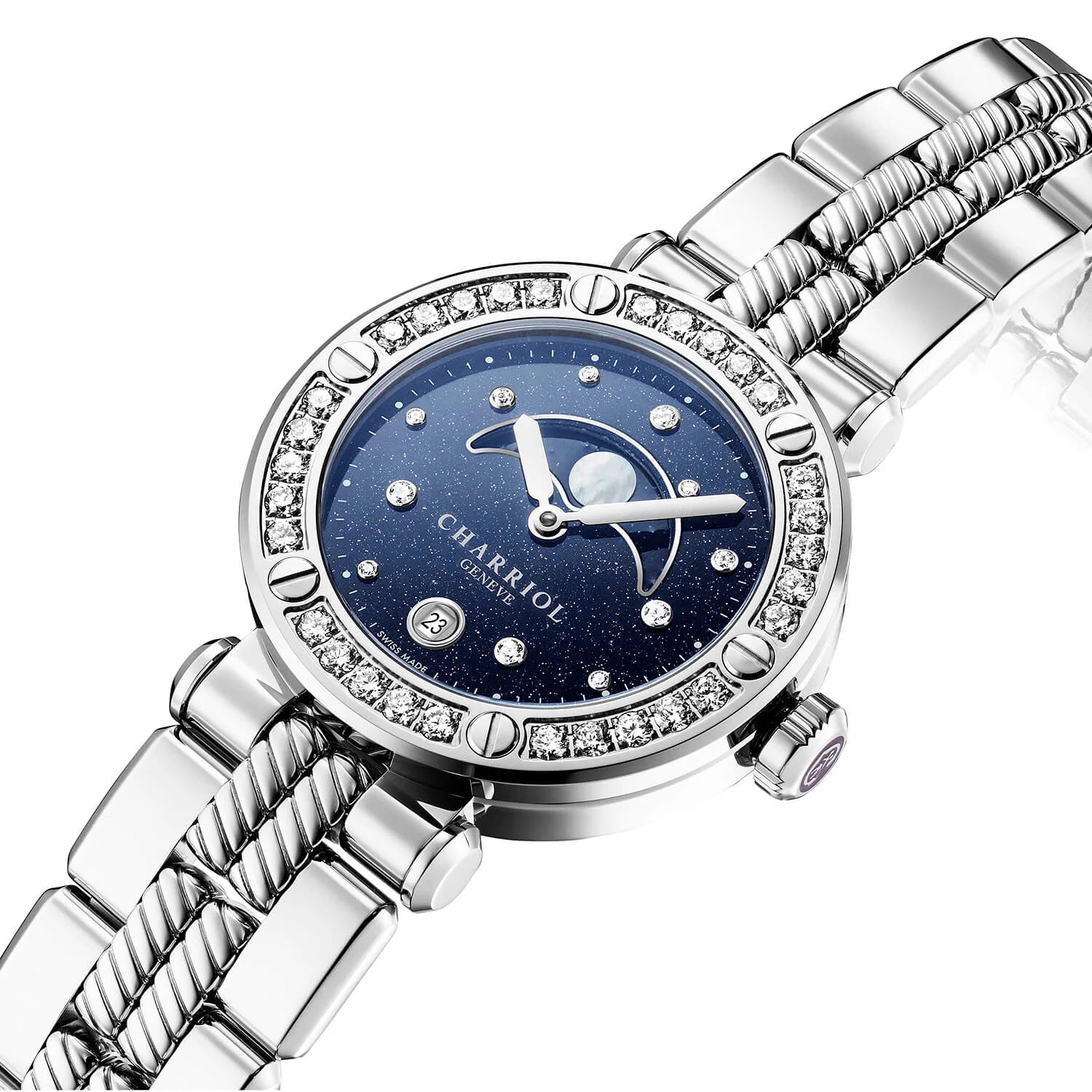 NAVIGATOR CRUISE, 36MM, MOONPHASE QUARTZ KALIBRIEREN, AVENTURINE GEDRUCKT MIT 11 DIAMANTEN ZIFFERN, STAHL MIT 30 DIAMANTEN UND 6 SCHRAUBEN KREUZ, METALL-AUSTAUSCHBARES ARMBAND - © 2024 Charriol - Watch