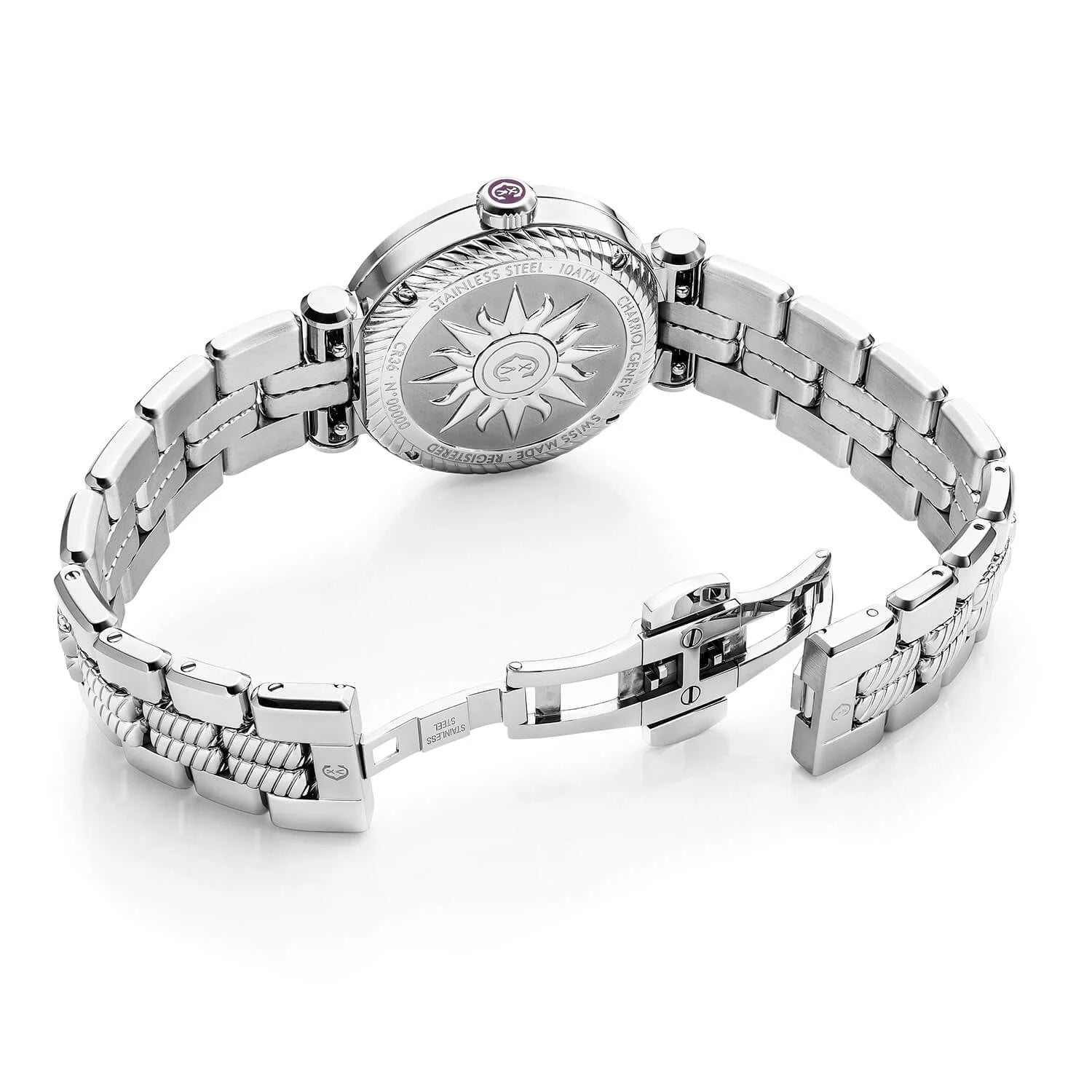 NAVIGATOR CRUISE, 36MM, MOONPHASE QUARTZ KALIBRIEREN, AVENTURINE GEDRUCKT MIT 11 DIAMANTEN ZIFFERN, STAHL MIT 30 DIAMANTEN UND 6 SCHRAUBEN KREUZ, METALL-AUSTAUSCHBARES ARMBAND - © 2024 Charriol - Watch