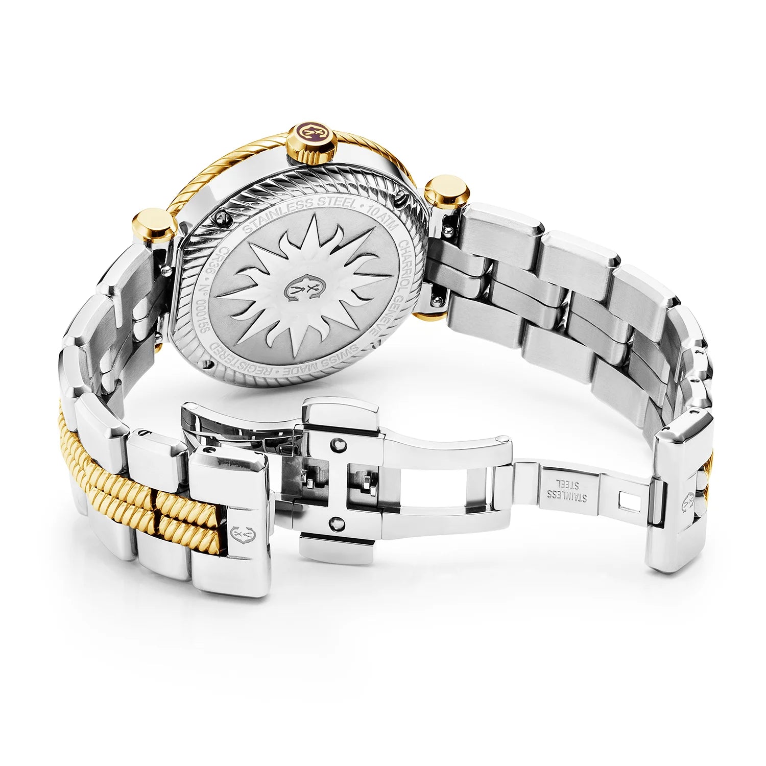 St Tropez Cruise 36mm Uhr Hellgrau & Gelbgold Armband, Gelbgold & 2 Schrauben Lünette und Weiß MOP Zifferblatt - Charriol Geneve - Uhr