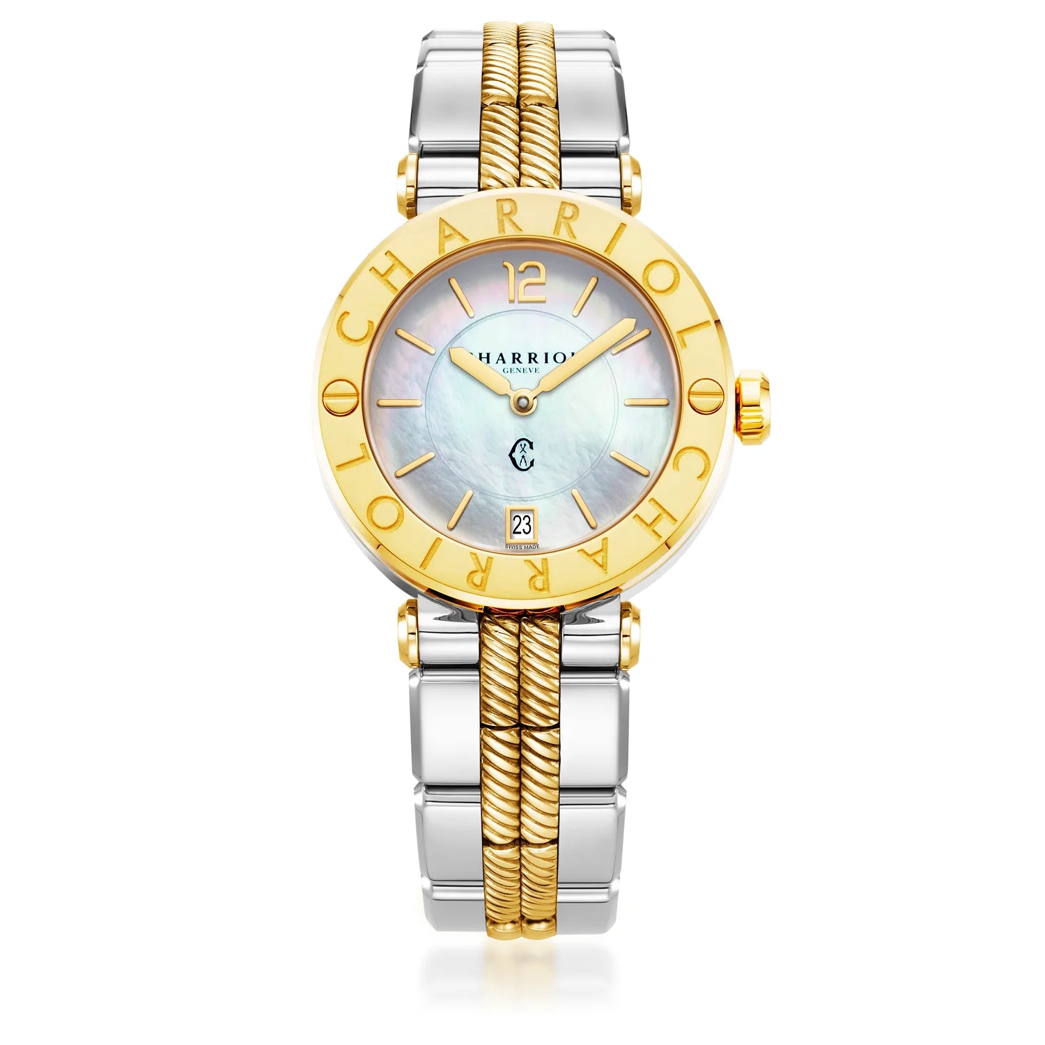 St Tropez Cruise 36mm Uhr Hellgrau & Gelbgold Armband, Gelbgold & 2 Schrauben Lünette und Weiß MOP Zifferblatt - Charriol Geneve - Uhr