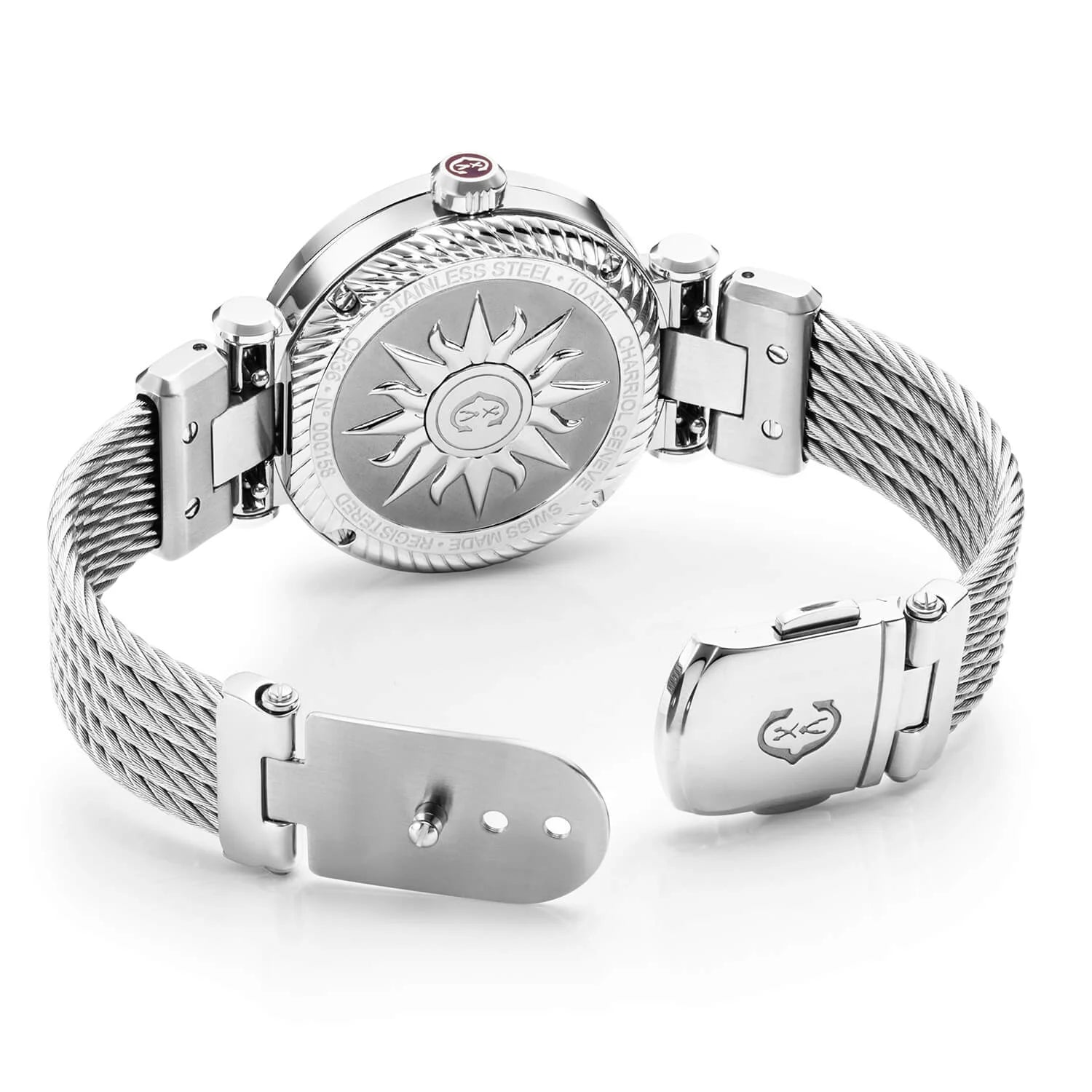 NAVIGATOR CRUISE, 36MM, QUARZKALIBER, WEISSE PERMUTTER UND MATTWEISSE SONNENZENTRALE MIT 12 RÖMISCHEN ZAHLEN, STAHL MIT 30 DIAMANTEN BESETZT, STAHL-AUSTAUSCHBARES KABELARMBAND - © 2024 Charriol - Watch