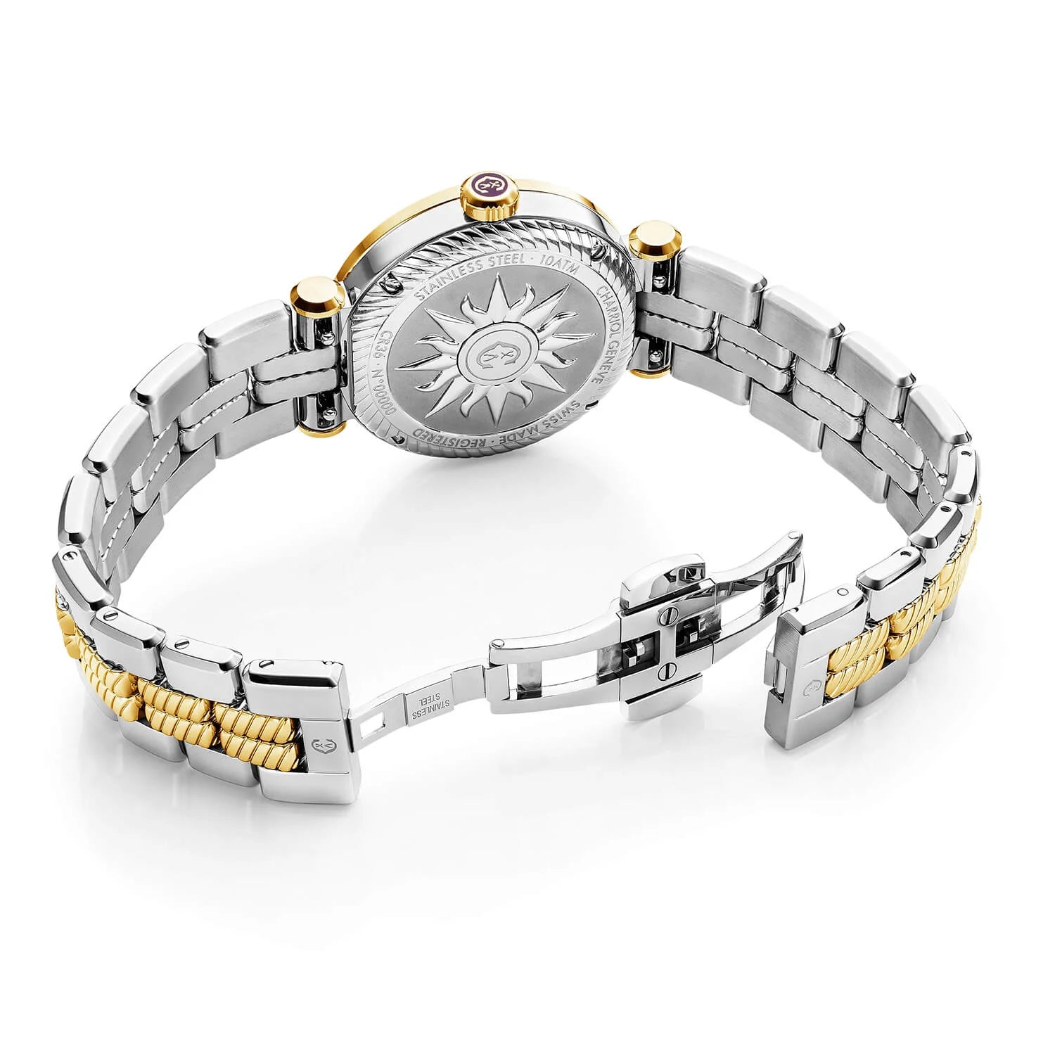 NAVIGATOR CRUISE, 36MM, QUARZKALIBER, WEISSE PERLENMUTTER MIT 12 RÖMISCHEN ZAHLEN, STAHL GELB GOLD PVD MIT 30 DIAMONEN & 6 SCHRAUBEN, METALL BIFARBEN AUSTAUSCHBARES ARMBAND - © 2024 Charriol - Uhr