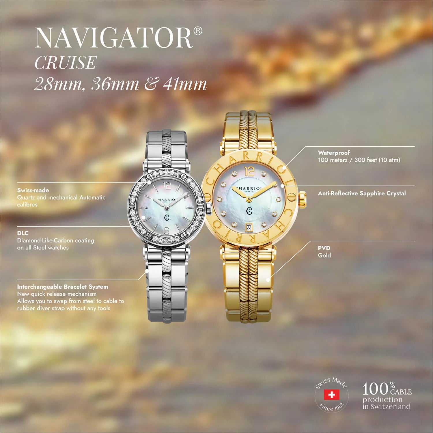 NAVIGATOR CRUISE, 28MM, PERLMUTTER MIT 12 DIAMANTEN ZIFFERN, 30 DIAMANTEN FASSUNG, STAHL-AUSTAUSCHBARES ARMBAND - Charriol Geneve - Watch
