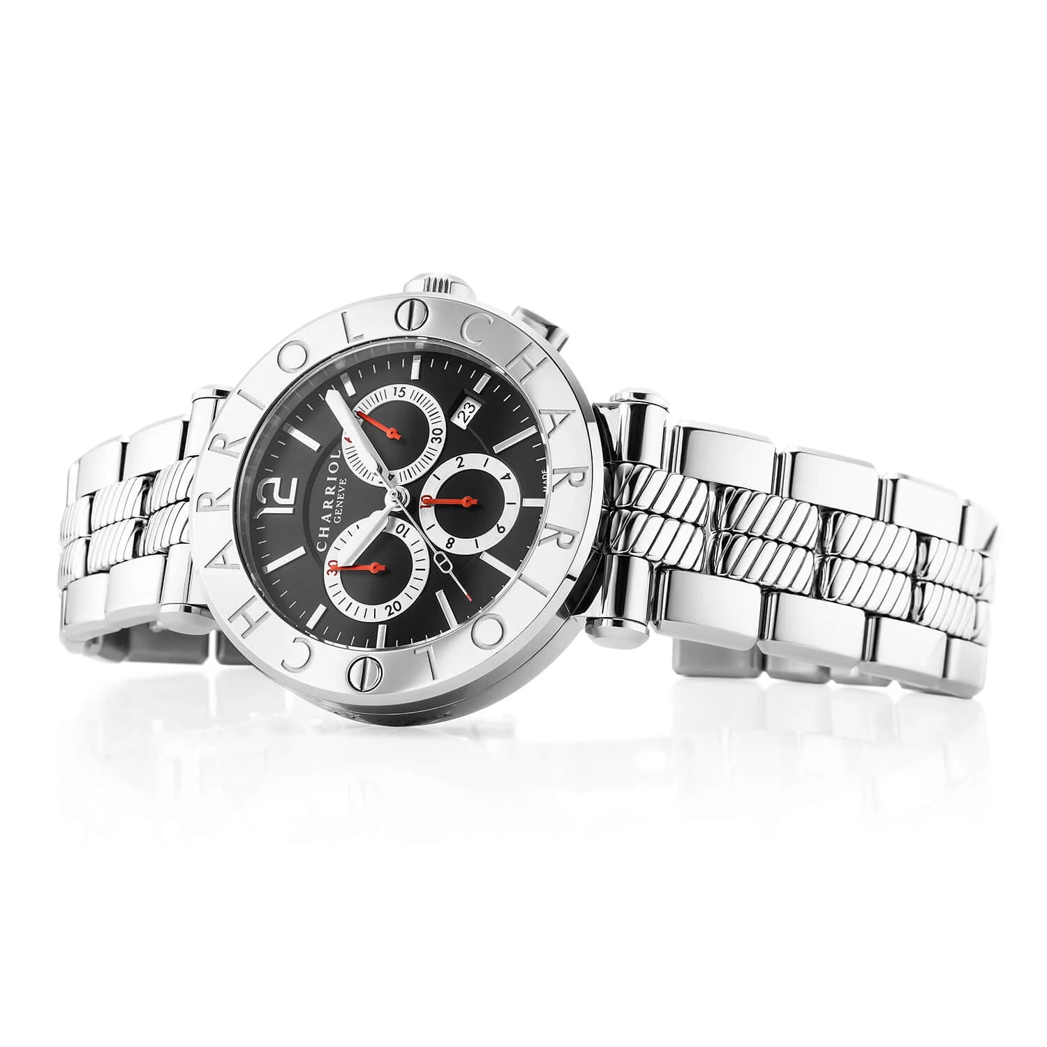 NAVIGATOR CRUISE, 41MM, QUARZ-CHRONOGRAPHEN-KALIBER, SCHWARZ MIT 3 RHODIUM-SPIEGELN & INDEX-ZEIGER, STAHL "CHARRIOL CHARRIOL " MIT 2 SCHRAUBEN BEGLEITUNG, METALL-AUSTAUSCHBARES ARMBAND - © 2024 Charriol - Uhr