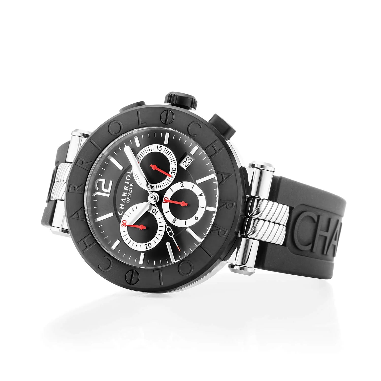 NAVIGATOR CRUISE, 41MM, QUARTZ-CHRONOGRAPHENKALIBER, SCHWARZES ZIFFERBLATT MIT ROTEN KREUZEN, SCHWARZES STAHL-PVD "CHARRIOL CHARRIOL " FASSUNG, SCHWARZES GUMMI-AUSTAUSCHBAND - © 2024 Charriol - Watch