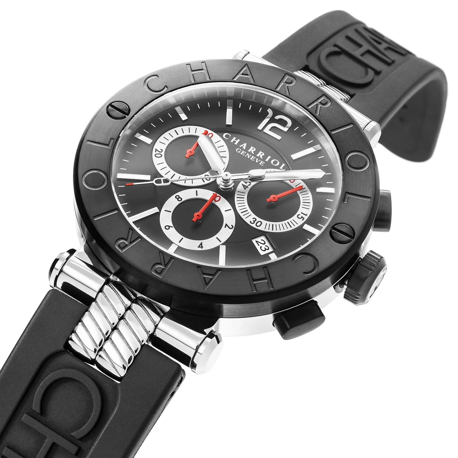 NAVIGATOR CRUISE, 41MM, QUARTZ-CHRONOGRAPHENKALIBER, SCHWARZES ZIFFERBLATT MIT ROTEN KREUZEN, SCHWARZES STAHL-PVD "CHARRIOL CHARRIOL " FASSUNG, SCHWARZES GUMMI-AUSTAUSCHBAND - © 2024 Charriol - Watch