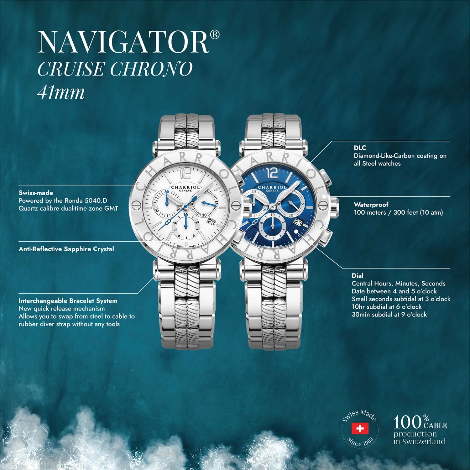 NAVIGATOR CRUISE, 41MM, QUARTZ-CHRONOGRAPHENKALIBER, SCHWARZES ZIFFERBLATT MIT ROTEN KREUZEN, SCHWARZES STAHL-PVD "CHARRIOL CHARRIOL " FASSUNG, SCHWARZES GUMMI-AUSTAUSCHBAND - © 2024 Charriol - Watch
