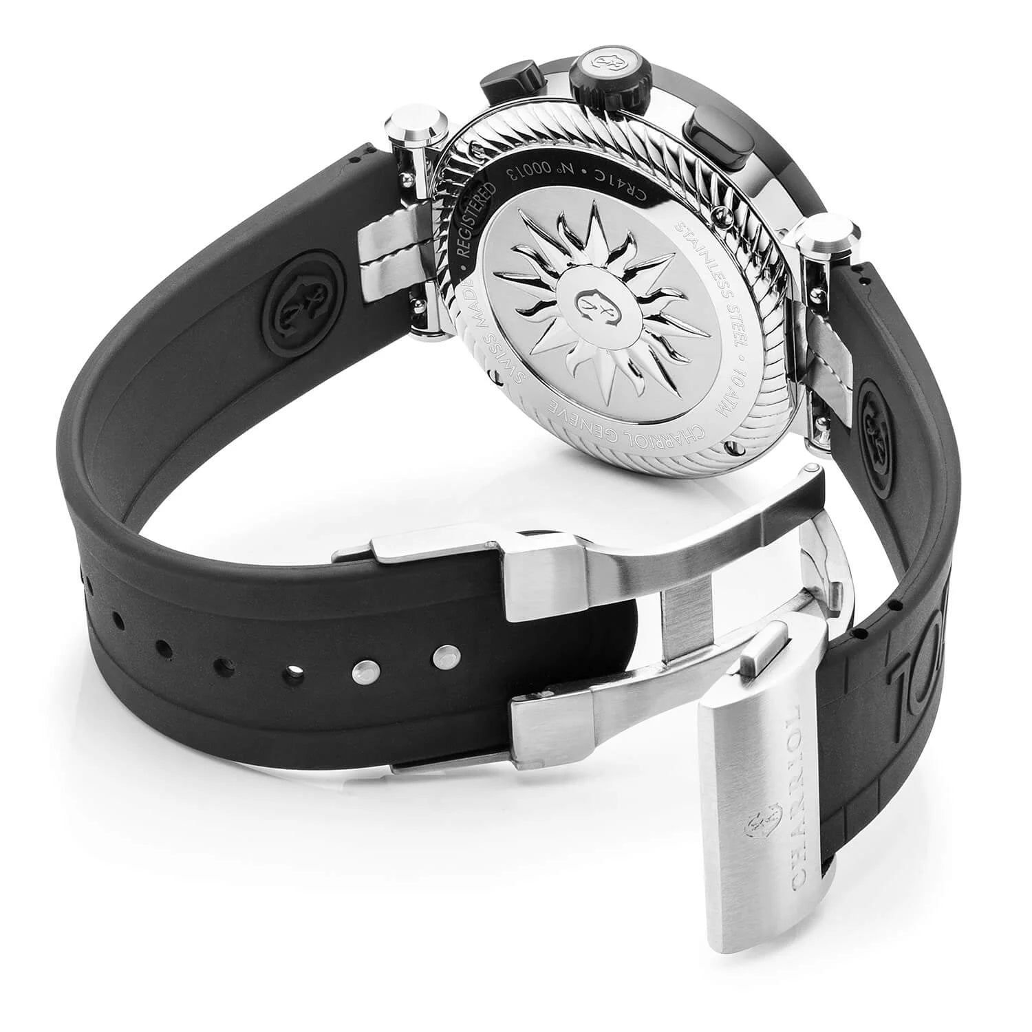 NAVIGATOR CRUISE, 41MM, QUARTZ-CHRONOGRAPHENKALIBER, SCHWARZES ZIFFERBLATT MIT ROTEN KREUZEN, SCHWARZES STAHL-PVD "CHARRIOL CHARRIOL " FASSUNG, SCHWARZES GUMMI-AUSTAUSCHBAND - © 2024 Charriol - Watch