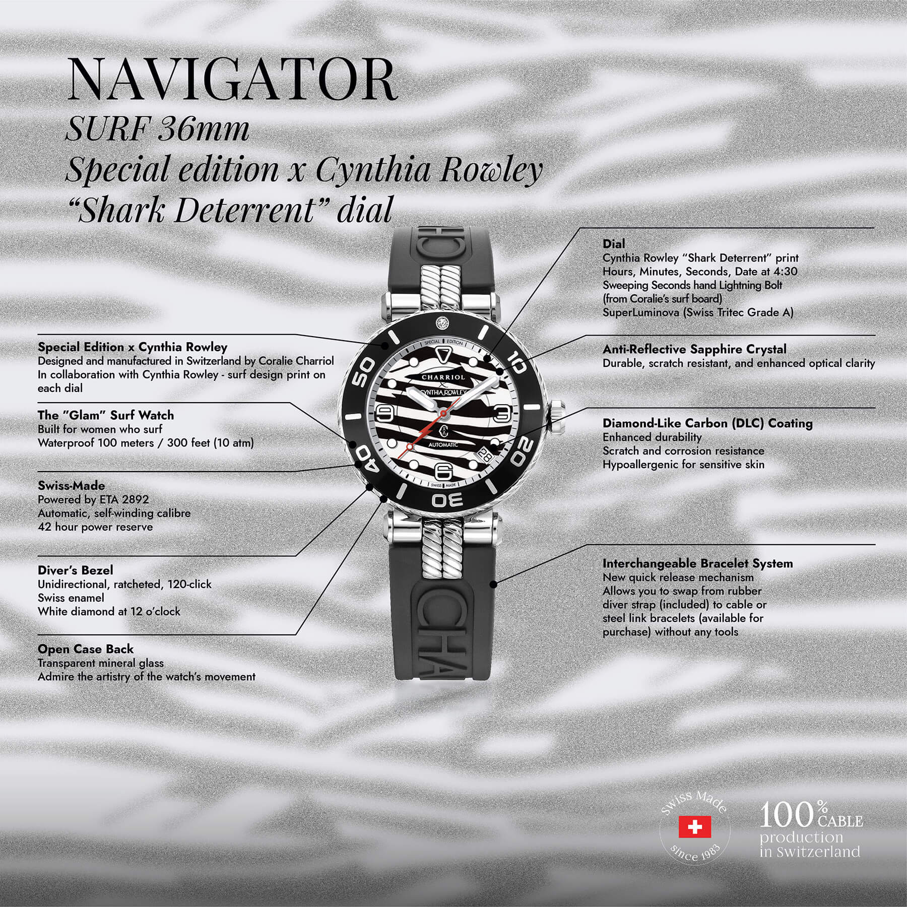 NAVIGATOR SURF, 36MM, AUTOMATISCHE KALIBRIERUNG, SHARK DETERRENT DIAL, SCHWARZ MIT 1 DIAMANTKREUZ, SCHWARZES GUMMI-AUSTAUSCHARMBAND, SPECIAL EDITION X CYNTHIA ROWLEY - © 2024 Charriol - Uhr