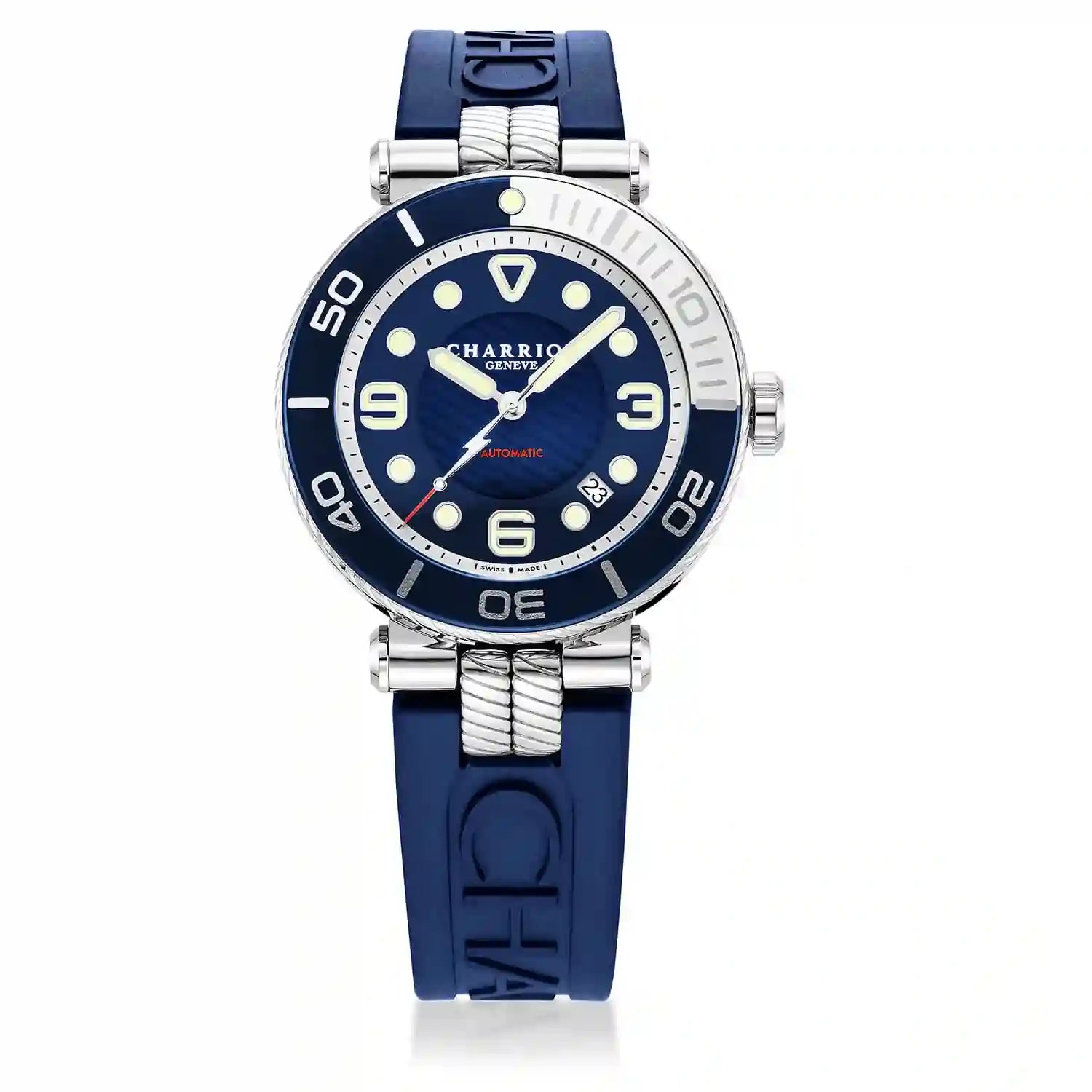 NAVIGATOR SURF, 41MM, CALIBRE AUTOMATIQUE, CADRAN LUMINOVA NOIR, LUNETTE BLEU ET ARGENT, BRACELET INTERCHANGEABLE EN CAOUTCHOUC BLEU