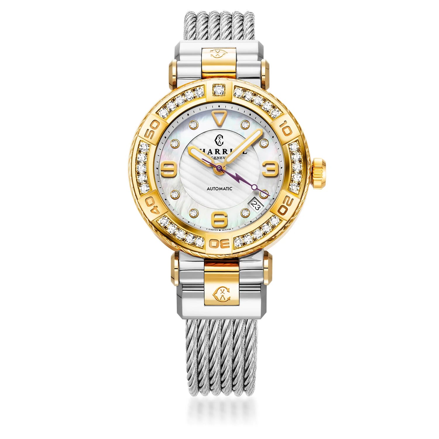 NAVIGATOR SURF GLAM, 36MM, AUTOMATIC CALIBRE, STEEL YELLOW GOLD PVD WITH 31 DIAMONDS BEZEL, WHITE MOTHER-OF-PEARL WITH ARABIC INDEX, STEEL CABLE INTERCHANGEABLE BRACELET - ©2025 Philippe Charriol International Ltd. -  Watch