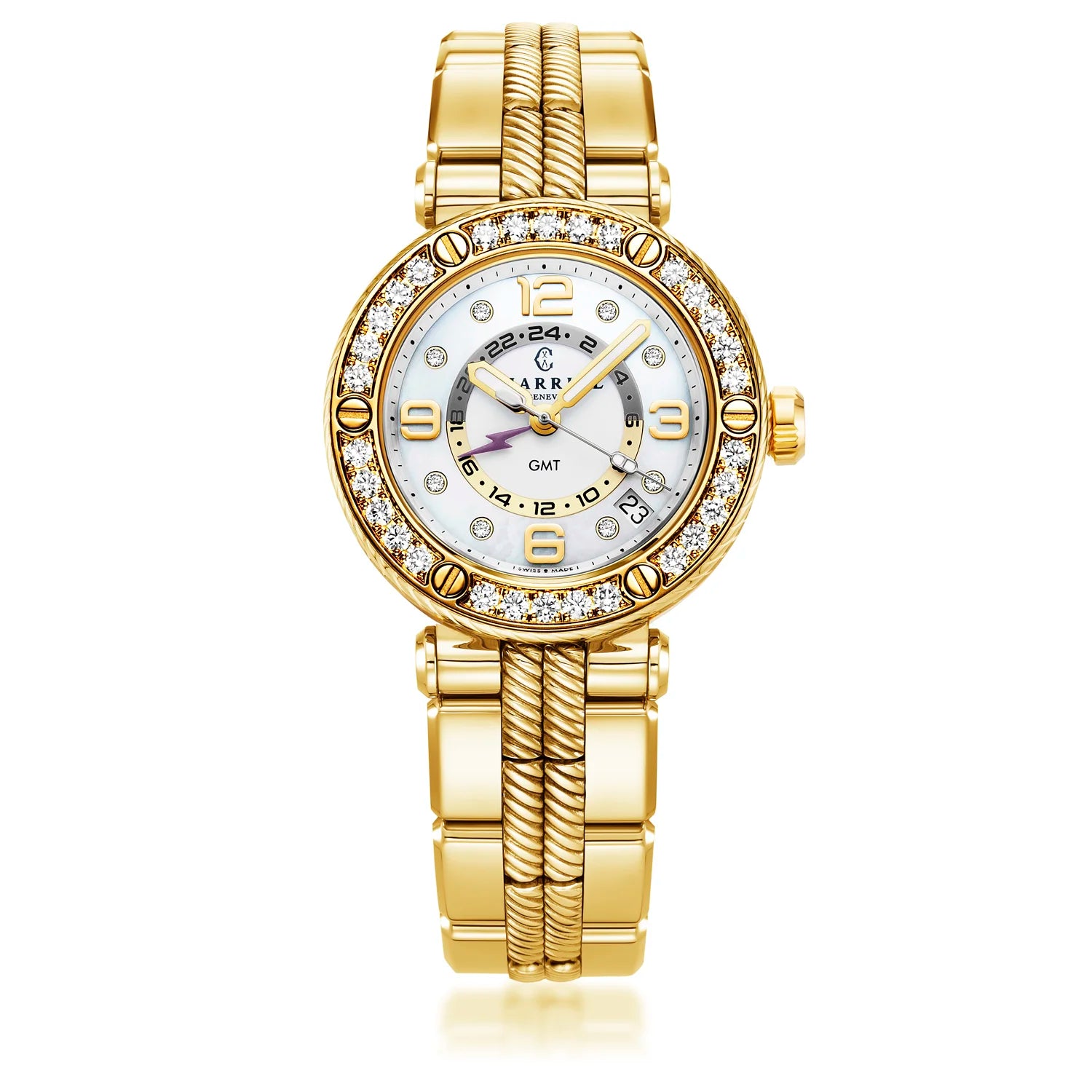 NAVIGATOR SURF GMT, 36MM, QUARTZ GMT KALIBER, WEISSES ZIFFERBLATT, 30 DIAMANTEN, GELB GOLD PVD AUSTAUSCHBARES ARMBAND - Charriol Geneve - Watch