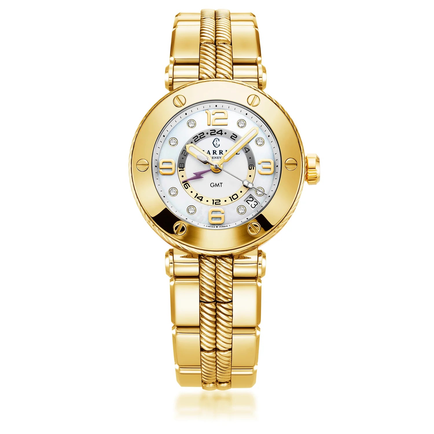 NAVIGATOR SURF GMT, 36MM, QUARTZ GMT KALIBER, WEISSES ZIFFERBLATT, 6 SCHRAUBEN BEZEL, STAHL GELB GOLD PVD AUSTAUSCHBARES ARMBAND - Charriol Geneve - Watch