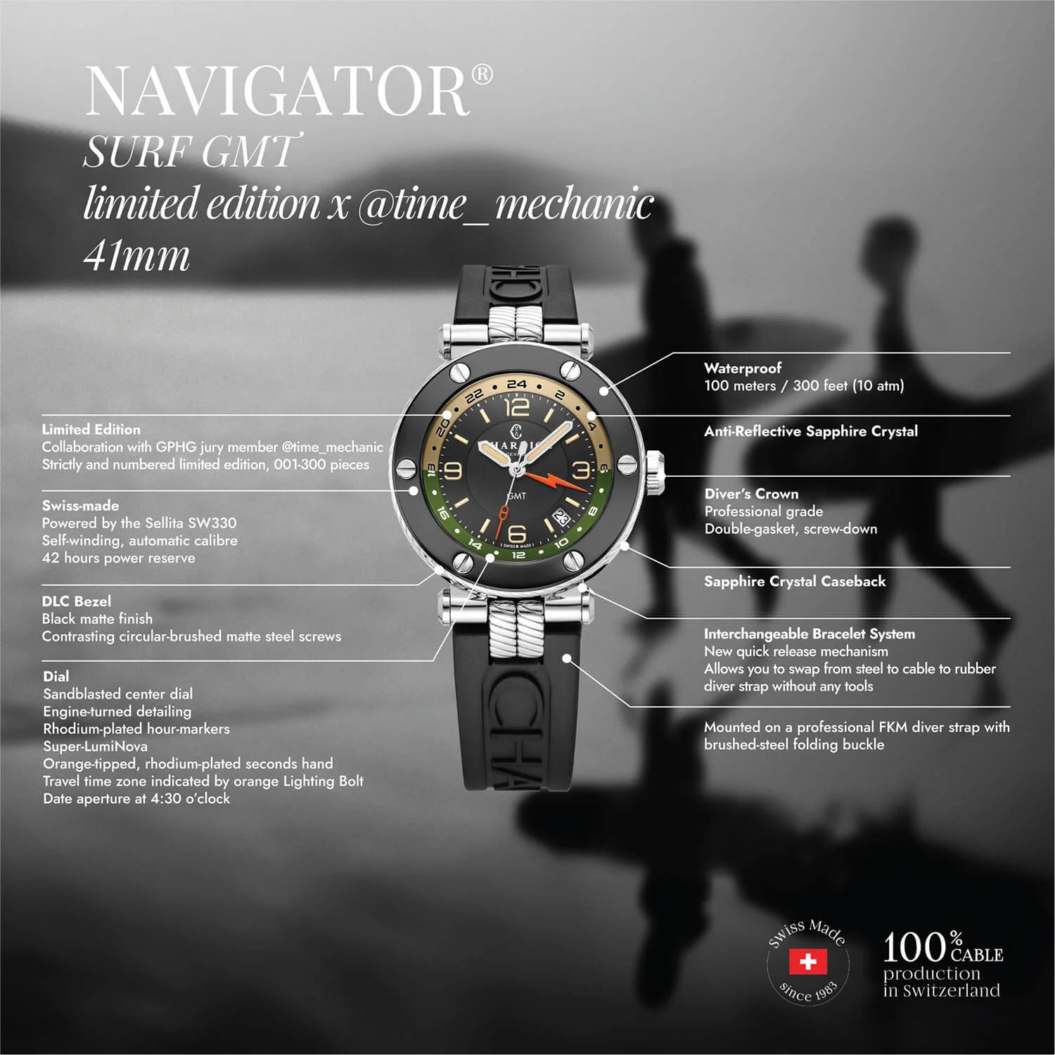 NAVIGATOR SURF GMT, 41MM, AUTOMATISCHES KALIBER, SCHWARZES ZIFFERBLATT, 6 SCHRAUBEN, SCHWARZES GUMMI-AUSTAUSCHARMBAND, Limited Edition x @time_mechanic - Charriol Geneve - Watch