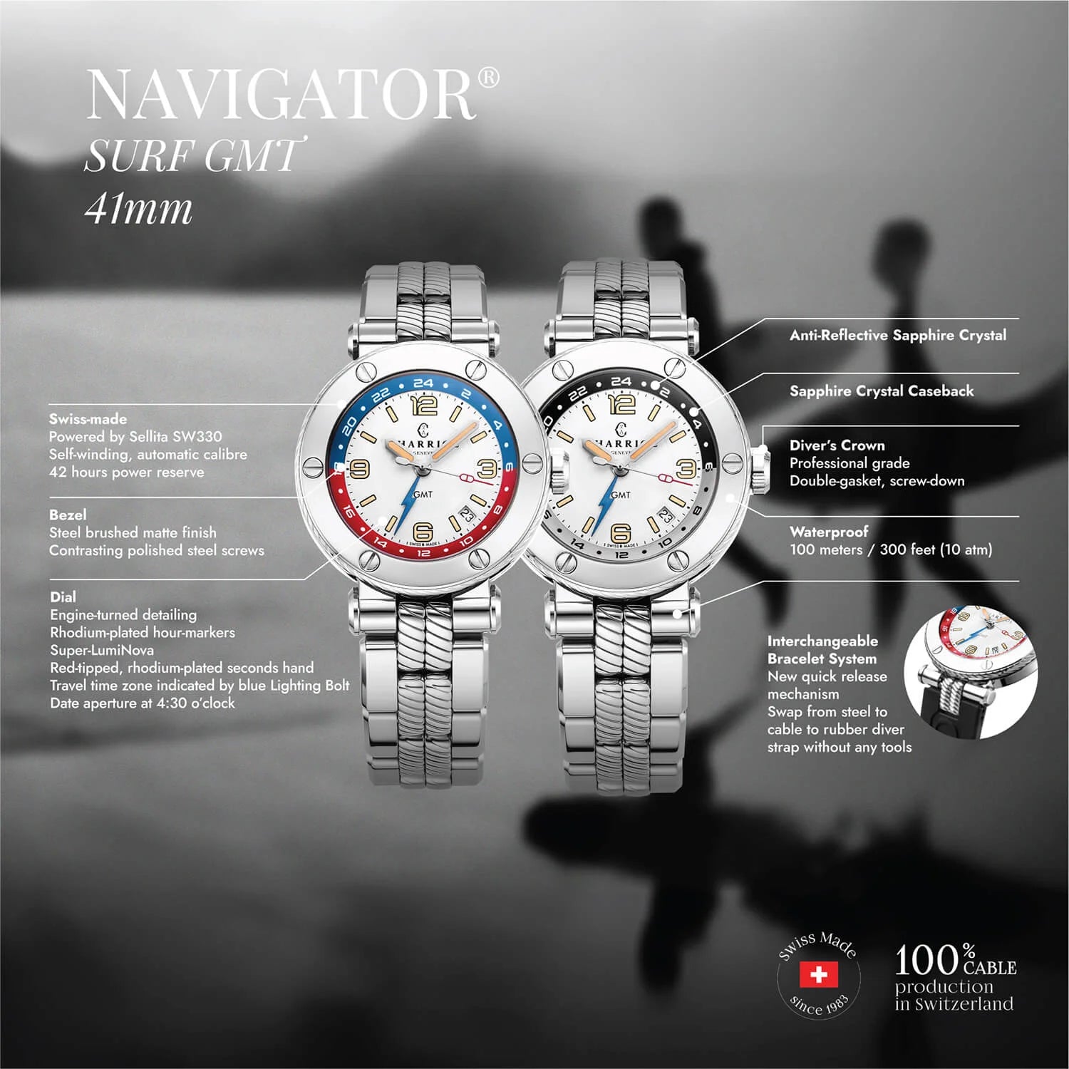 NAVIGATOR SURF GMT, 41MM, AUTOMATISCHE KALIBRIERUNG, WEISSES ZIFFERBLATT, 6 SCHRAUBEN BEZEL, AUSWECHSELBARES STAHLARMBAND - Charriol Geneve - Watch