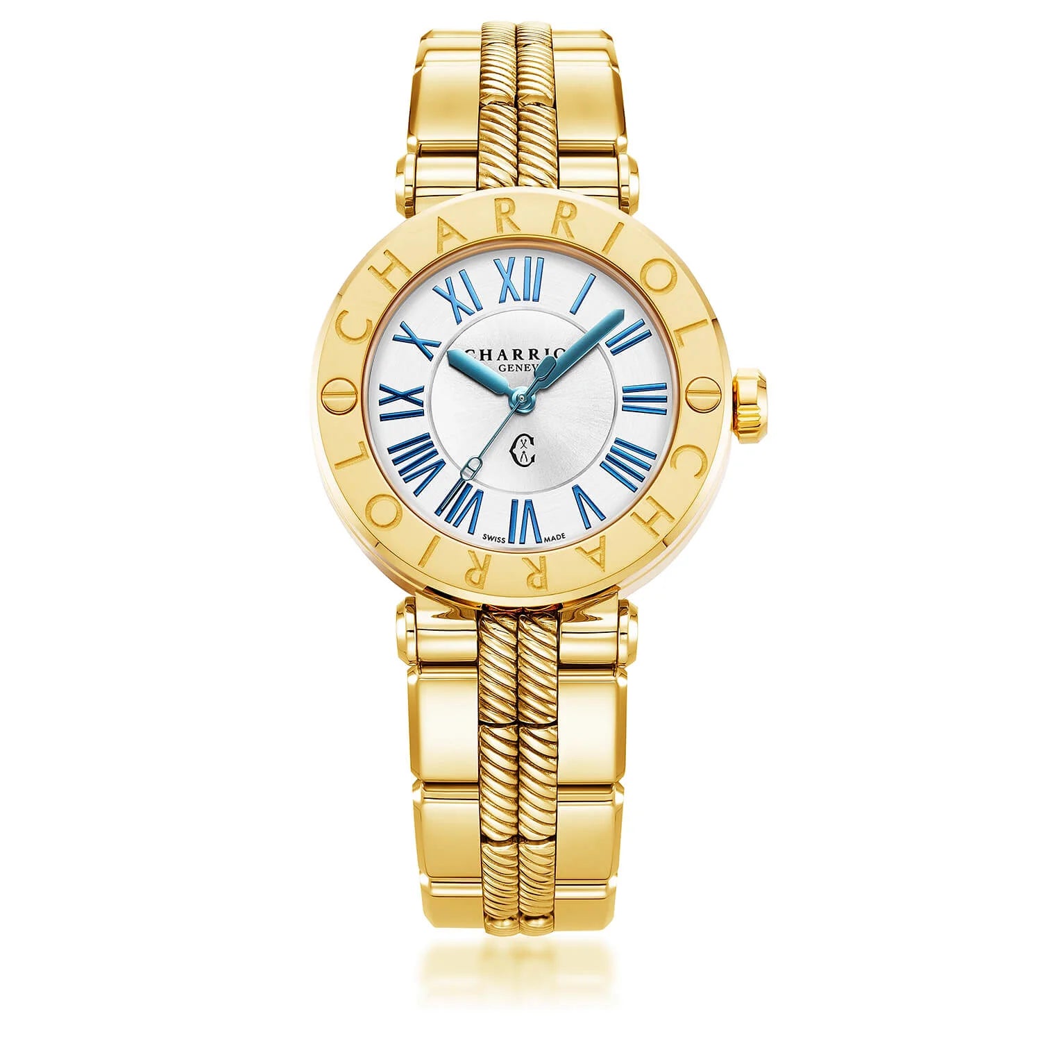 NAVIGATOR CRUISE, 36MM, QUARZKALIBER, WEISSE PERMUTTER MIT 12 RÖMISCHEN ZAHLEN, STAHL GELB GOLD PVDCHARRIOL CHARRIOL" MIT 2 SCHRAUBEN BAND, METALL GELB GOLD PVD AUSTAUSCHBARES ARMBAND - © 2024 Charriol - Watch