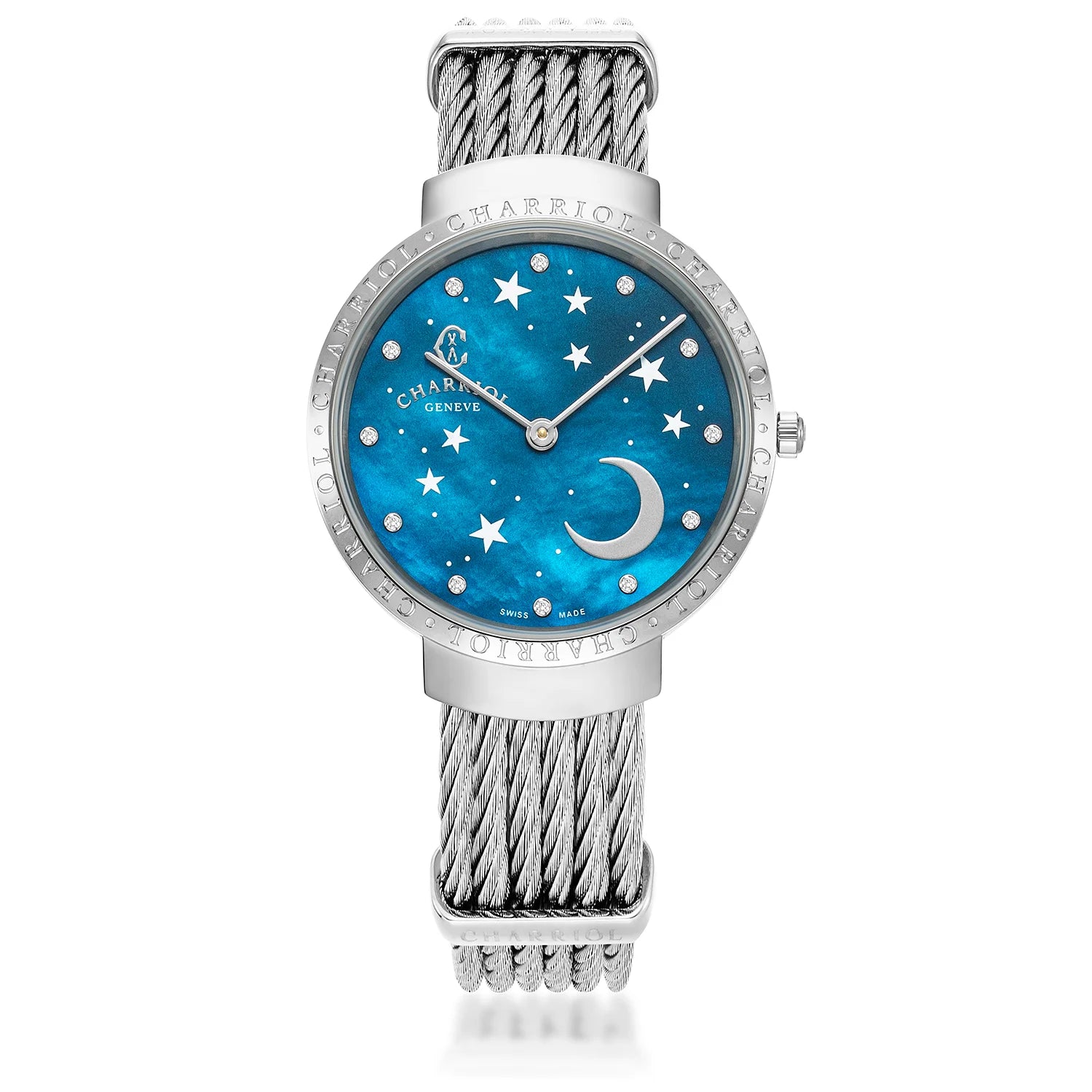 SLIM, 34MM, QUARTZ KALIBRIEREN, BLAUE PERLMUTTER MIT 12 DIAMANTEN, "CHARRIOL CHARRIOL " KESSEL, STAHLKABELARMBAND - Charriol Geneve - Watch