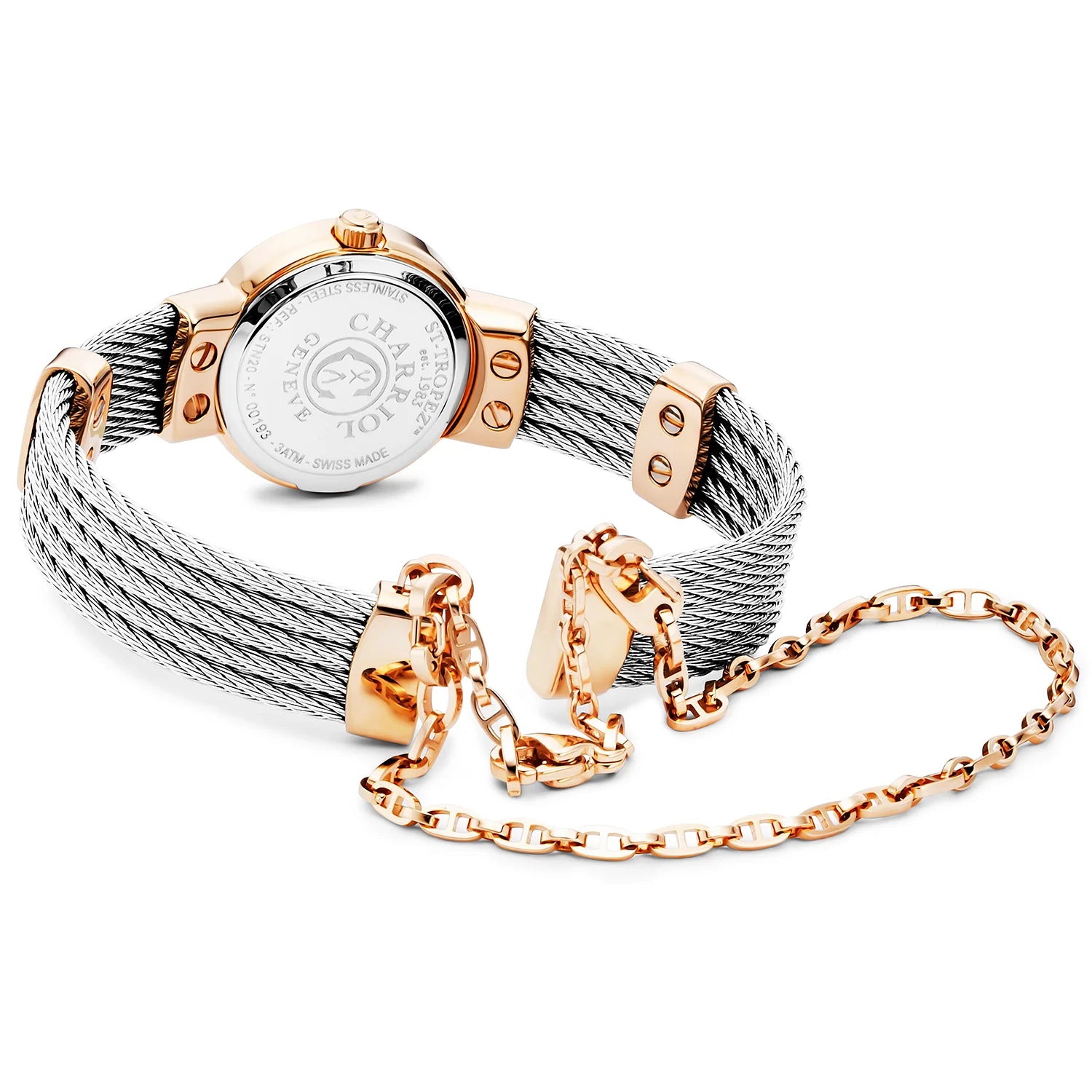 ST TROPEZ, 20MM, QUARTZKALIBER, ZIFFERNMUTTER-PERL, STAHL ROSENGOLD PVD MIT 24 DIAMANTEN, STAHLKABELARMBAND - Charriol Geneve - Watch