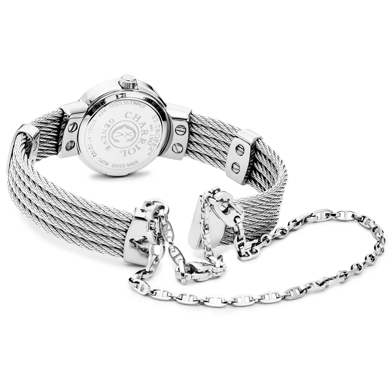 ST TROPEZ, 20MM, QUARZKALIBER, PERLMUTTER-ZEICHEN, STAHL MIT 24 DIAMANTEN, STAHLKABELARMBAND - Charriol Geneve - Watch