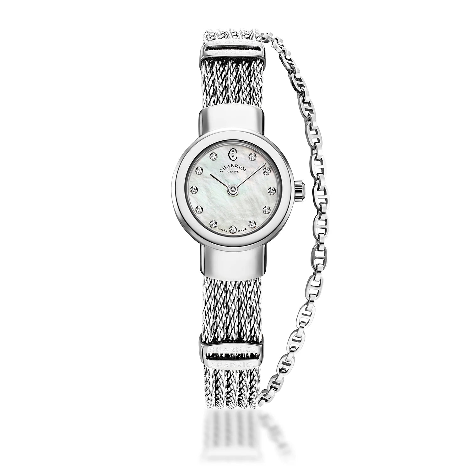 ST TROPEZ, 20MM, QUARZKALIBER, PERLMUTTER MIT 11 DIAMANTEN ZIFFERN, STAHLKETTE, STAHLKABELARMBAND - Charriol Geneve - Watch