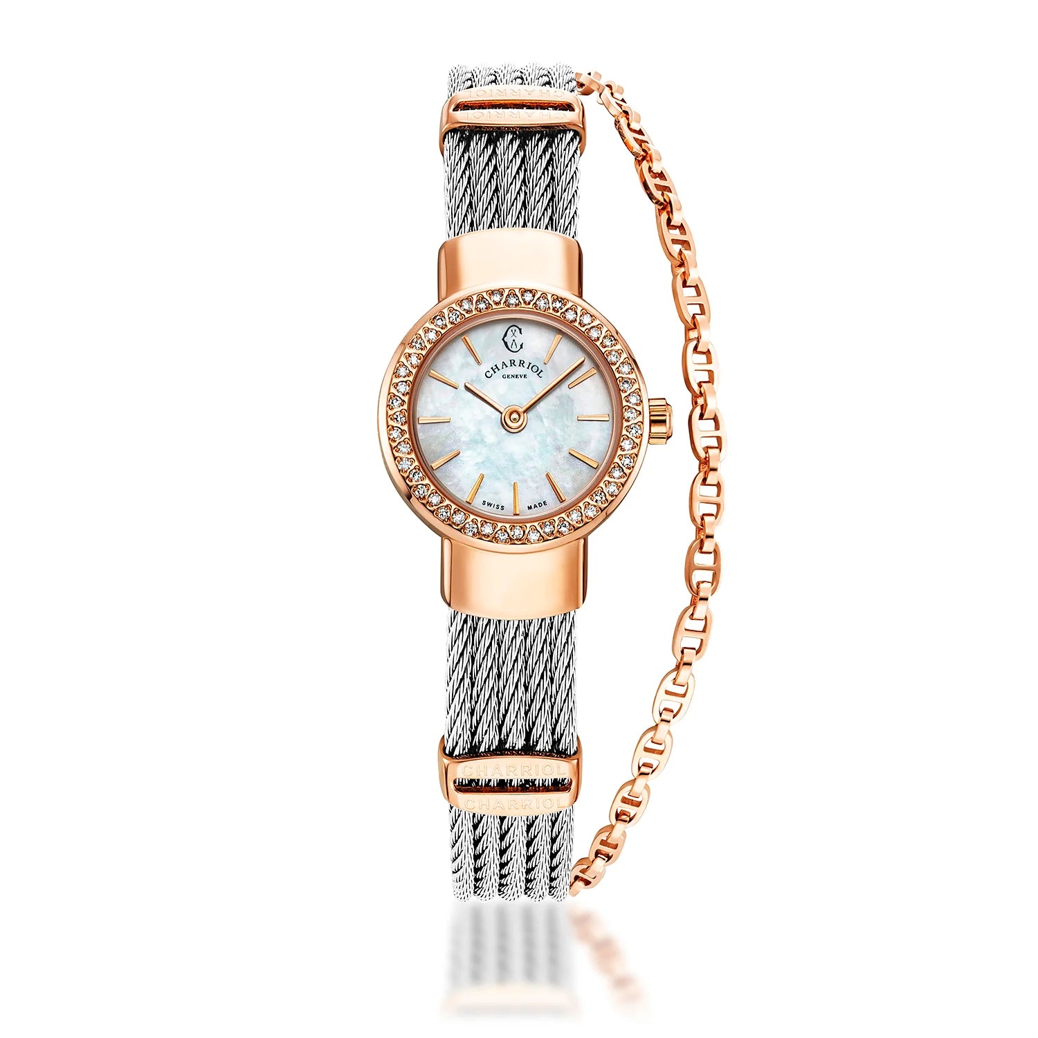 St Tropez Icon 20mm Uhr Rose Gold PVD, Stahlkabel, 48 Diamanten Lünette und weißes MOP-Zifferblatt - Charriol Geneve - Watch