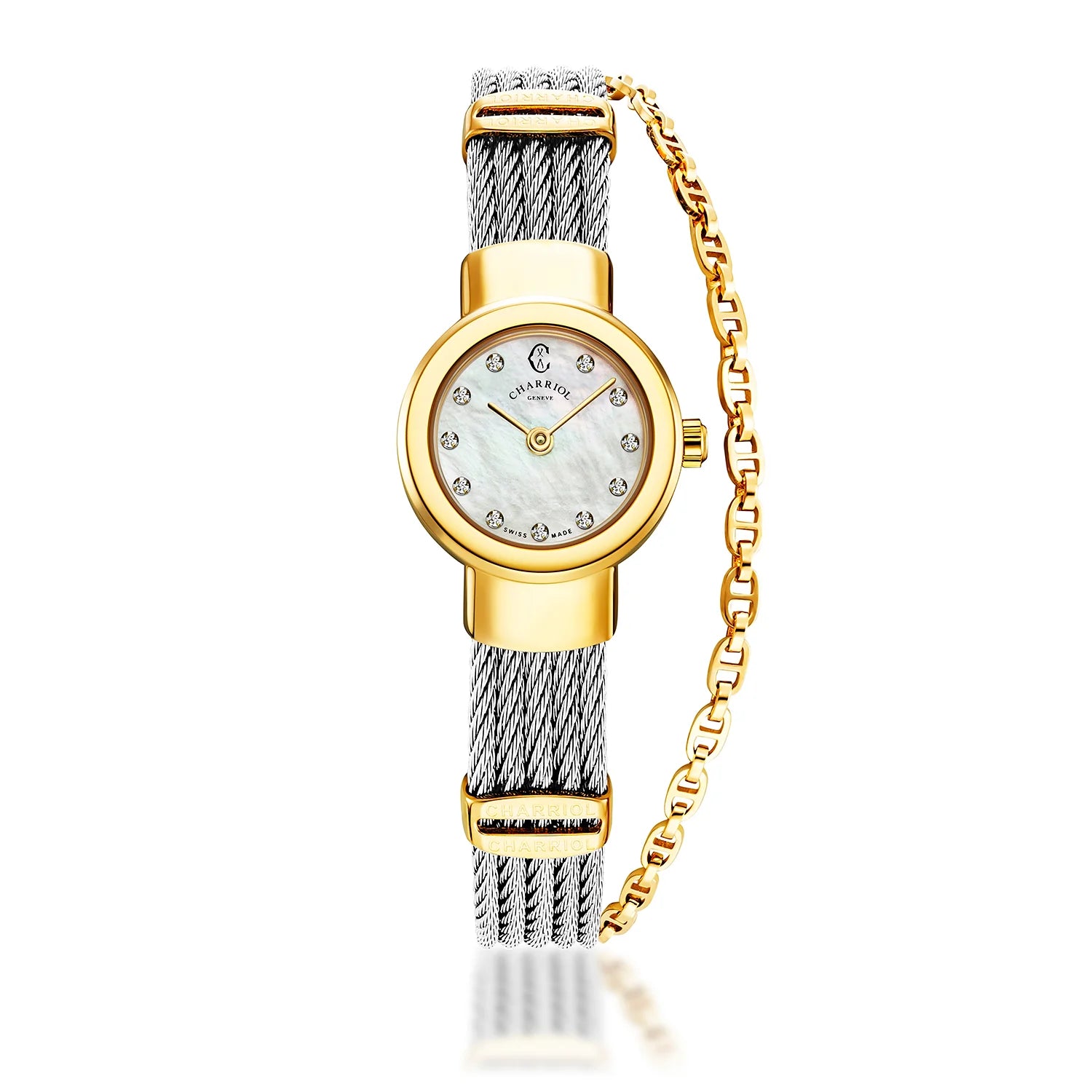 ST TROPEZ, 20MM, QUARZKALIBRIER, WEISSE PERLENMUTTER MIT 11 DIAMANTEN ZIFFERN, STAHL-GELB-GOLD PVD-BEZEL, STAHLKABELARMBAND - Charriol Geneve - Watch