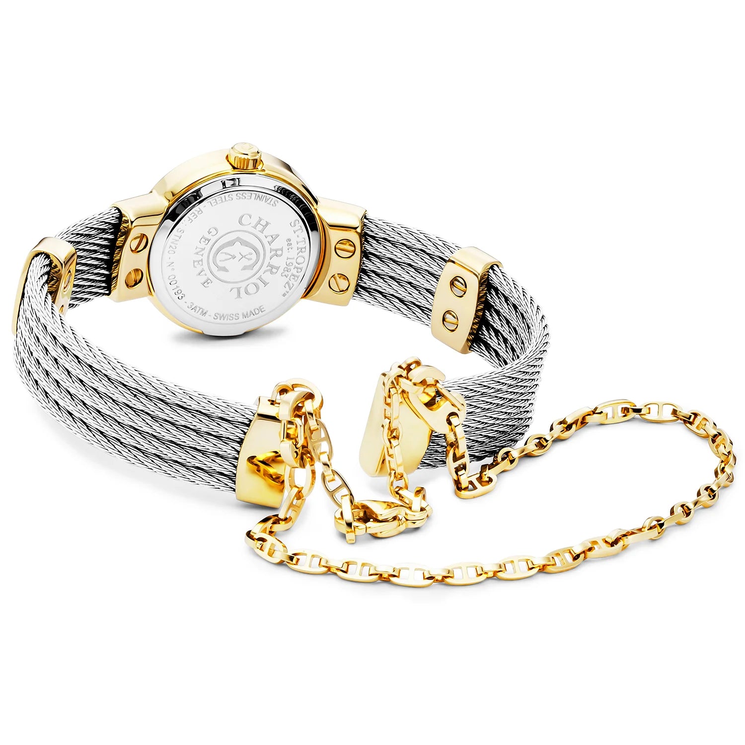ST TROPEZ, 20MM, QUARZKALIBRIER, WEISSE PERLENMUTTER MIT 11 DIAMANTEN ZIFFERN, STAHL-GELB-GOLD PVD-BEZEL, STAHLKABELARMBAND - Charriol Geneve - Watch