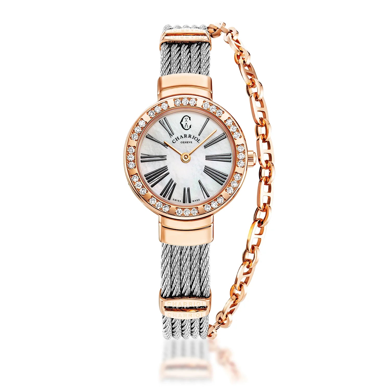 ST TROPEZ, 25MM, QUARTZ KALIBRIEREN, PERMUTTER-ZEICHEN, ROSENGOLD PVD MIT 36 DIAMONEN, STAHLKABELARMBAND - Charriol Geneve - Watch