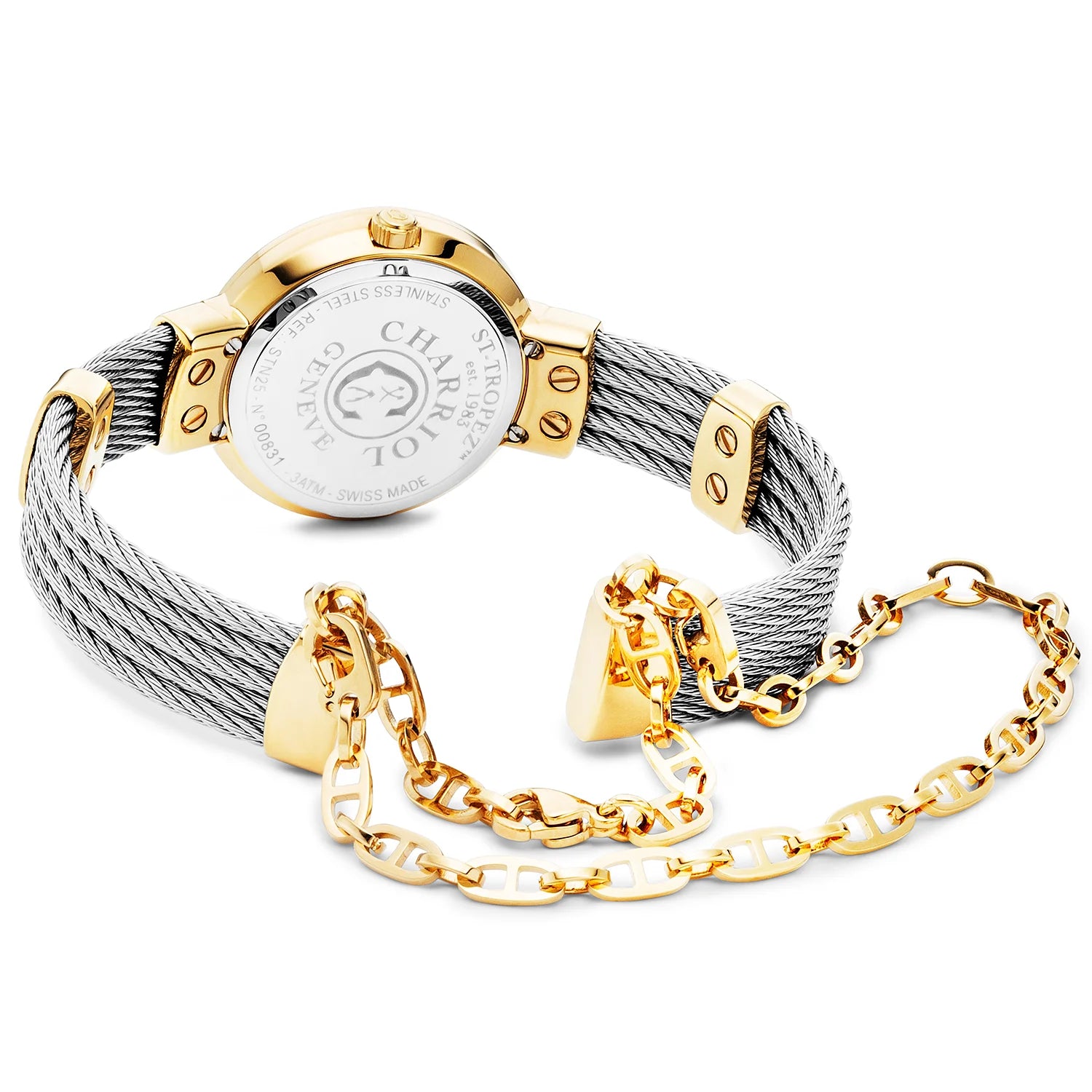 ST TROPEZ, 25MM, QUARZKALIBER, PERLMUTTER-ZIFFER, GELB GOLD PVD MIT 36 DIAMANTEN, STAHLKABELARMBAND - Charriol Geneve - Watch