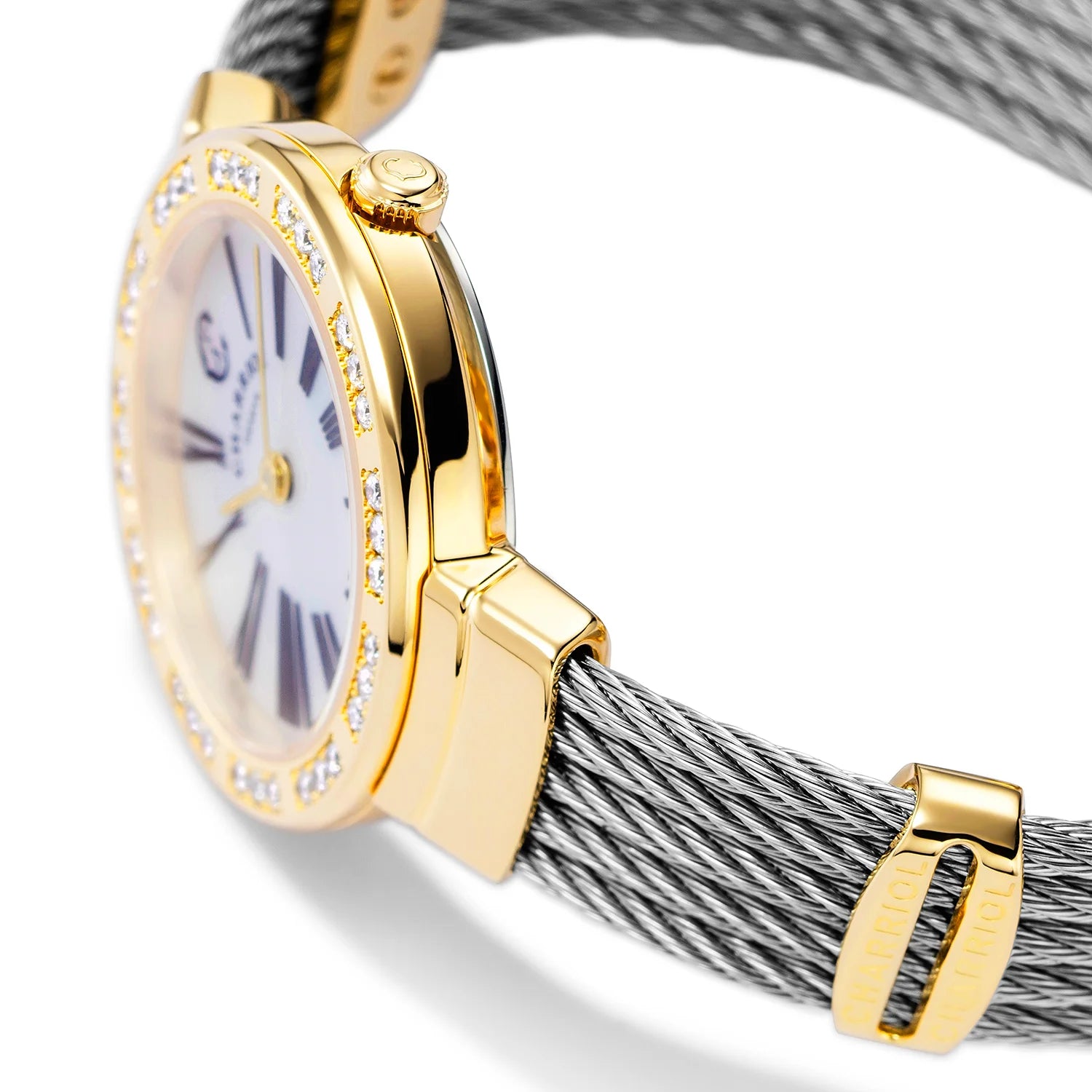 ST TROPEZ, 25MM, QUARZKALIBER, PERLMUTTER-ZIFFER, GELB GOLD PVD MIT 36 DIAMANTEN, STAHLKABELARMBAND - Charriol Geneve - Watch