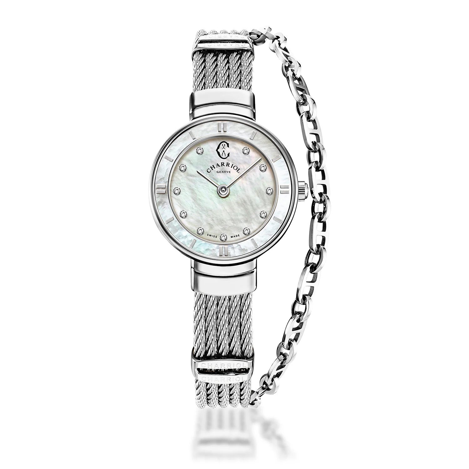 ST TROPEZ, 25MM, QUARTZKALIBER, PERLMUTTER MIT 11 DIAMANTEN ZIFFERN, PERLMUTTERKREUZ, STAHLKABELARMBAND - Charriol Geneve - Watch