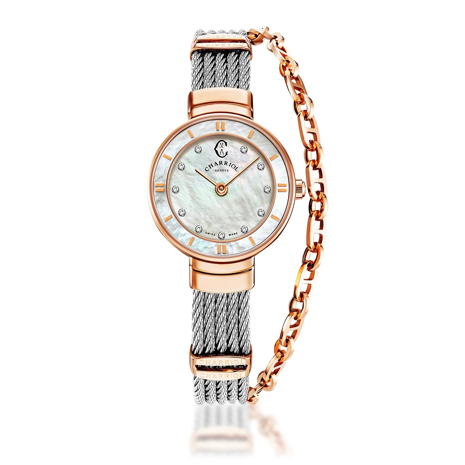 ST TROPEZ, 25MM, QUARTZKALIBER, PERLMUTTER MIT 11 DIAMANTEN ZIFFERN, PERLMUTTERKREUZ, STAHLKABELARMBAND - Charriol Geneve - Watch