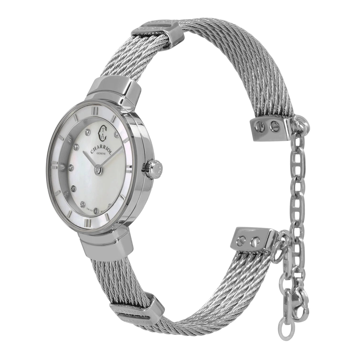 ST TROPEZ, 25MM, QUARTZKALIBER, PERLMUTTER MIT 11 DIAMANTEN ZIFFERN, PERLMUTTERKREUZ, STAHLKABELARMBAND - Charriol Geneve - Watch