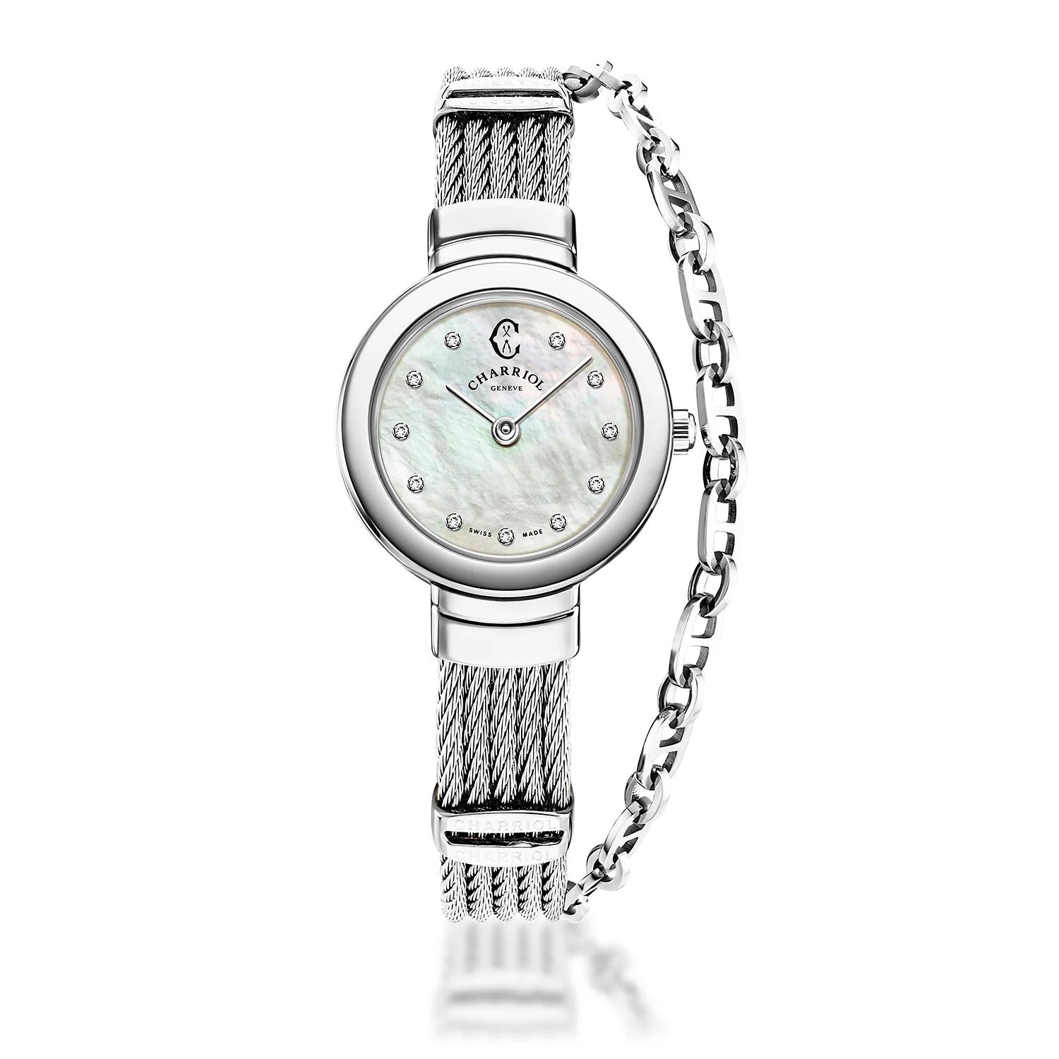 ST TROPEZ, 20MM, QUARZKALIBER, PERLMUTTER MIT 11 DIAMANTEN ZIFFERN, STAHLKETTE, STAHLKABELARMBAND - Charriol Geneve - Watch