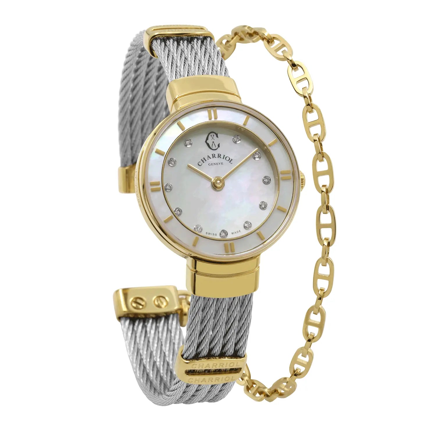 ST TROPEZ, 25MM, QUARTZ KALIBER, PERLMUTTER MIT 11 DIAMANTEN ZIFFERN, GELB GOLD PVD KESSEL, STAHLKABELARMBAND - Charriol Geneve - Watch