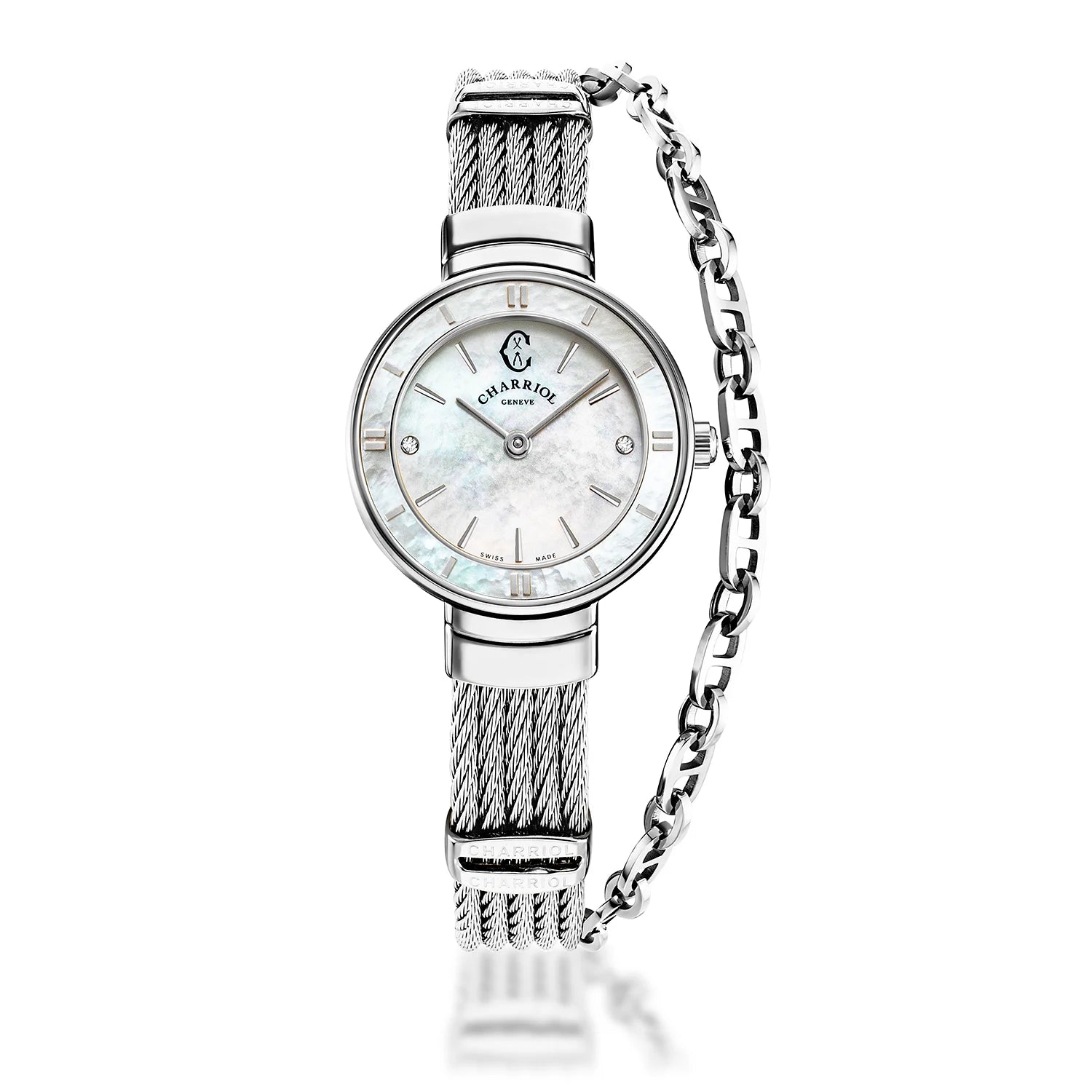 ST TROPEZ, 25MM, QUARZKALIBER, PERLMUTTER MIT 2 DIAMANTEN ZIFFERN, PERLMUTTERKREUZ, STAHLKABELARMBAND - Charriol Geneve - Watch